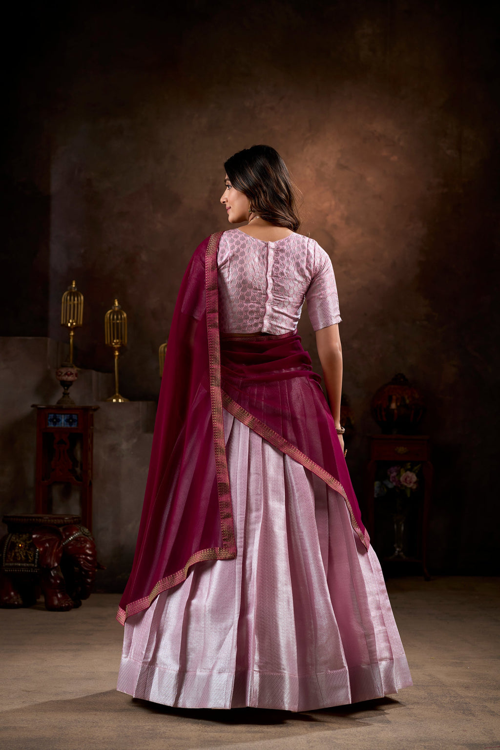 Pink jacquard silk weaving work lehenga choli with dupatta and lace border