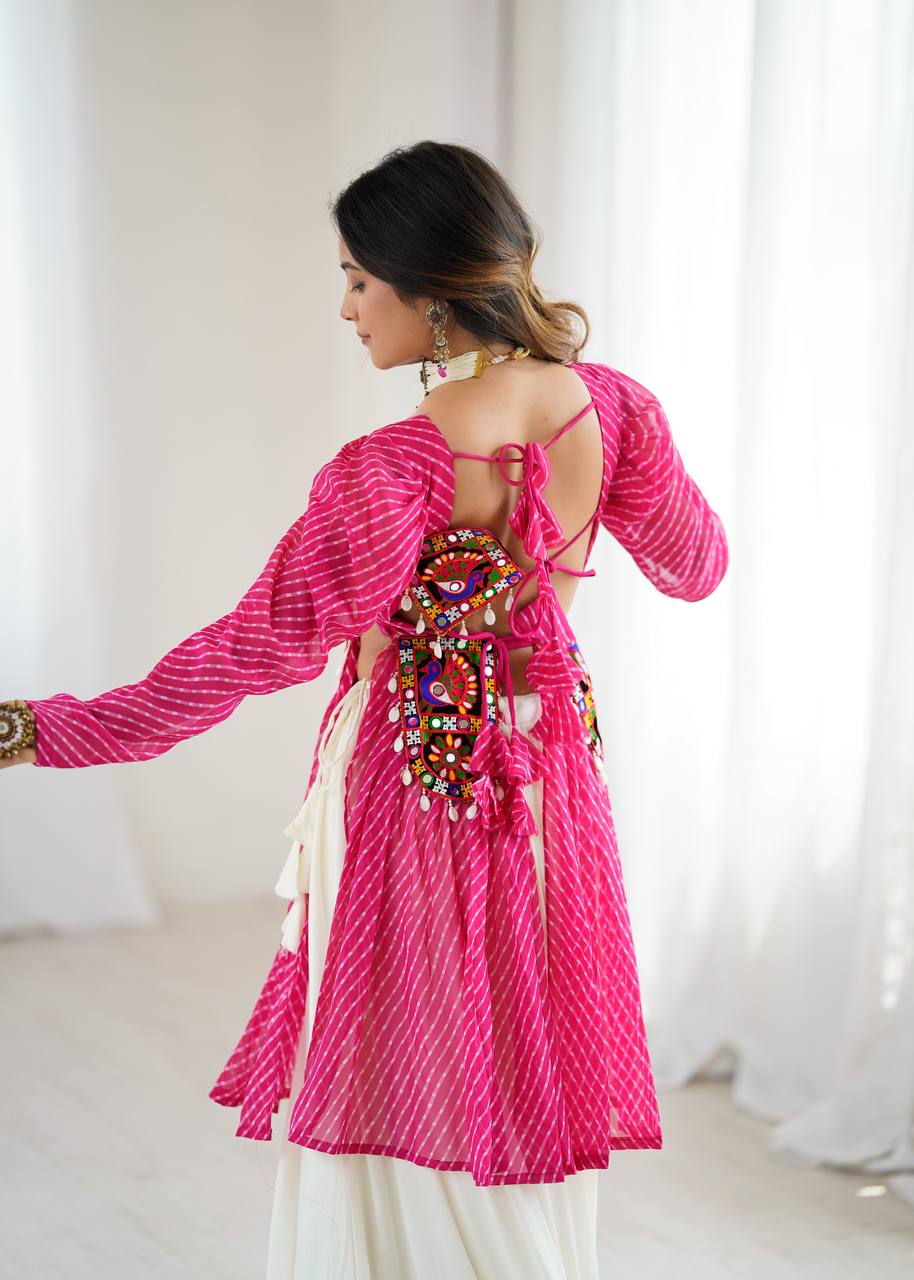 Pink georgette top with digital print and thread work butter silk Gota Patti lehenga
