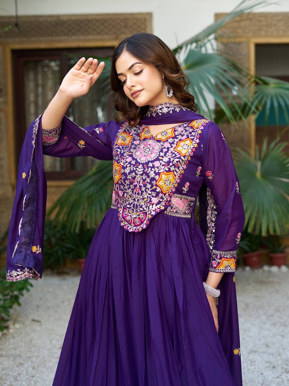 Pink heavy sequins thread embroidered georgette gown for wedding functions