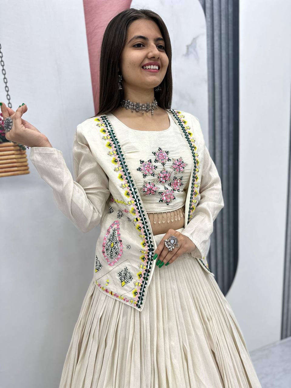 Off white tissue shimmer lehenga choli with handwork real diamond work and jacket