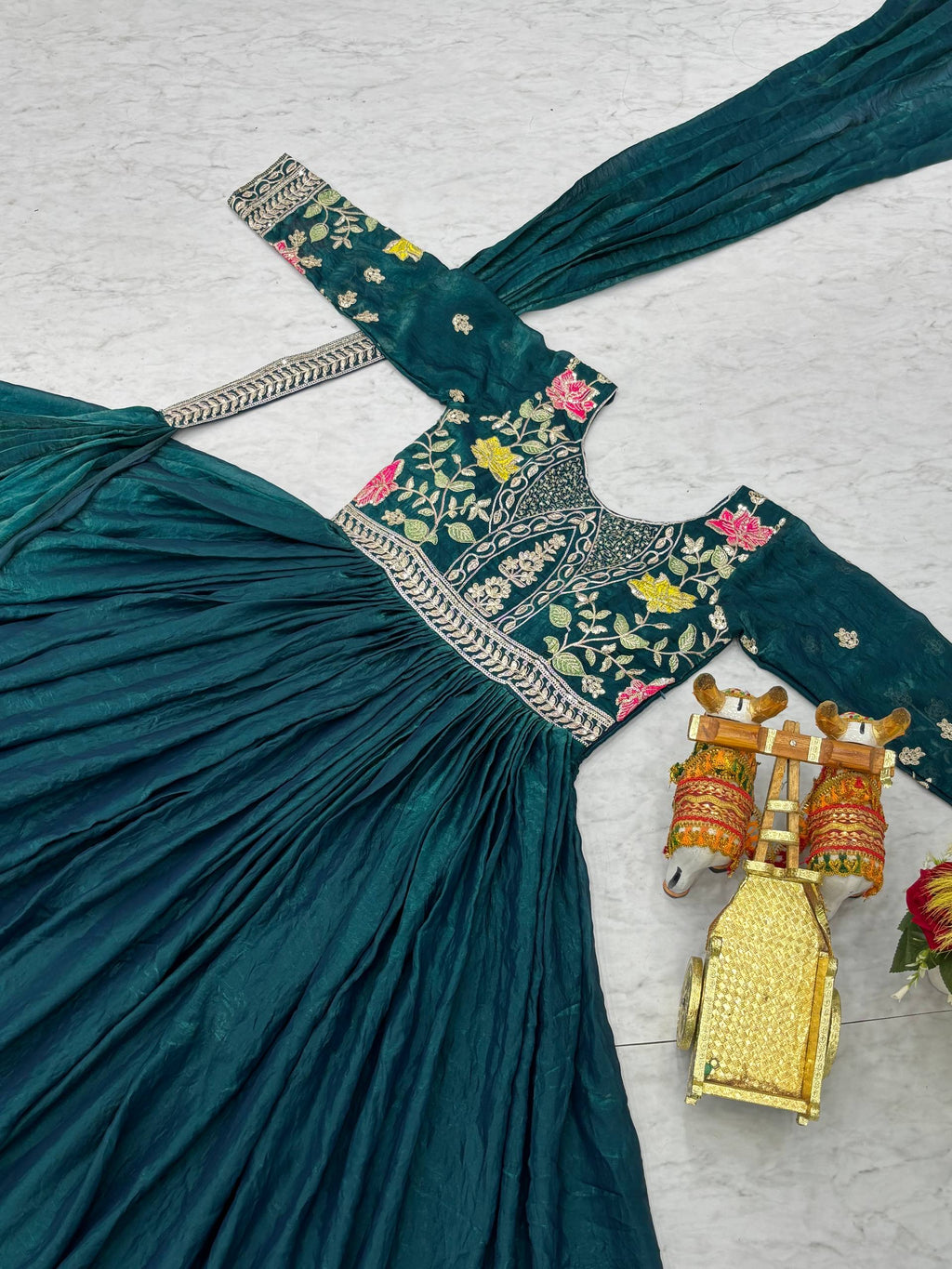 Dipa teal blue Fendy silk gown with embroidery sequins thread work and dupatta