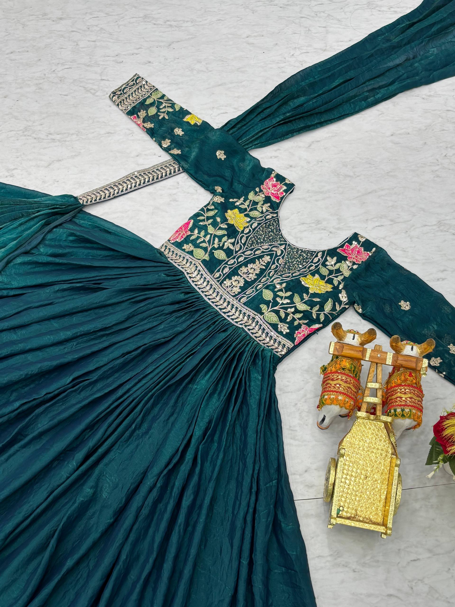 Dipa teal blue Fendy silk gown with embroidery sequins thread work and dupatta