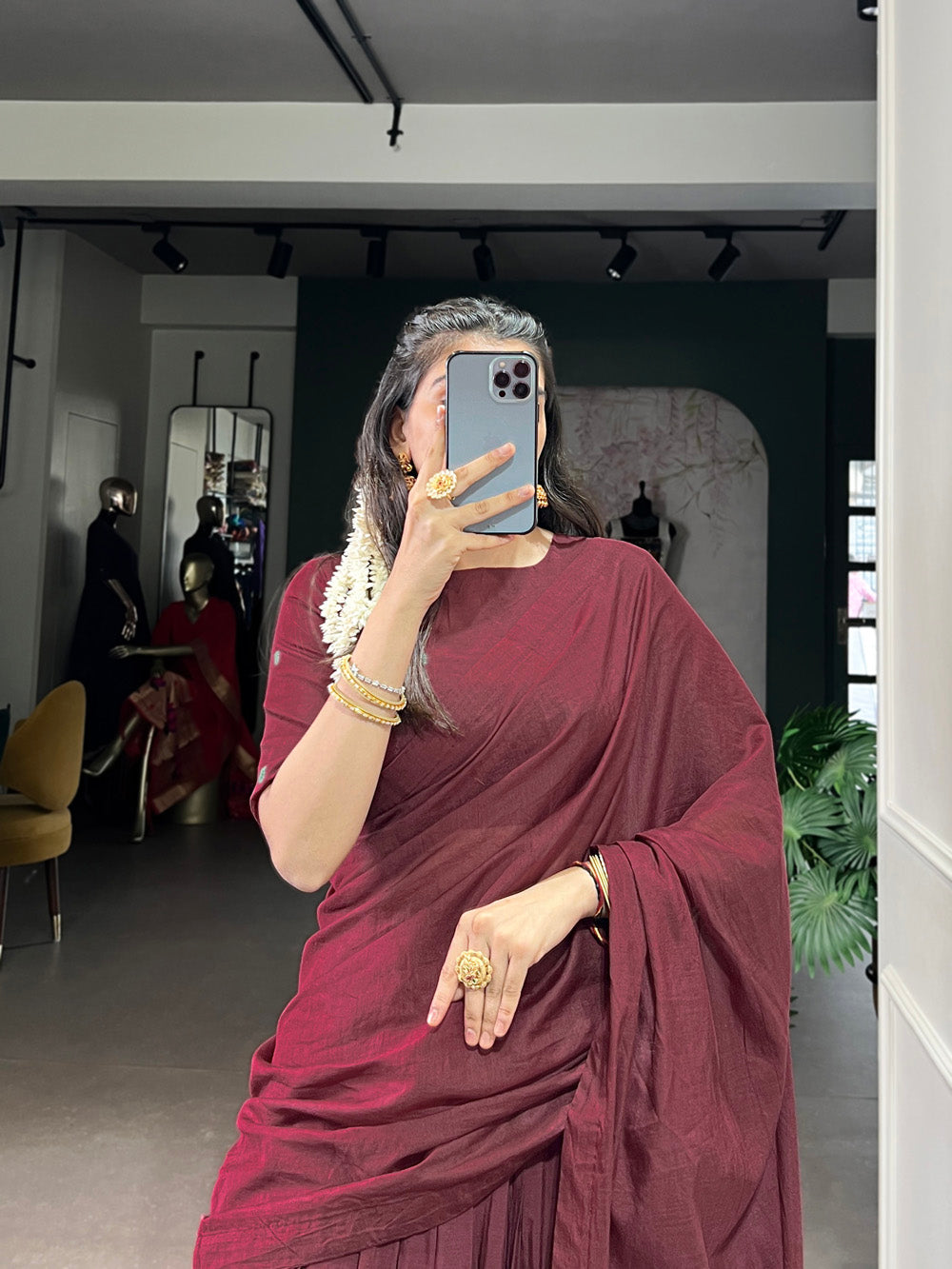 Maroon traditional Chanderi half-saree lehenga with zari work
