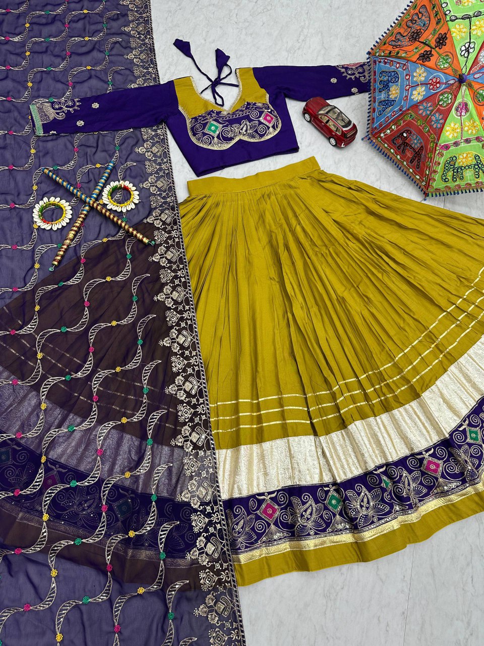 Mustard yellow pure cotton embroidered sequins work lehenga choli
