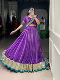 Purple traditional Chanderi lehenga choli with embossed lace design