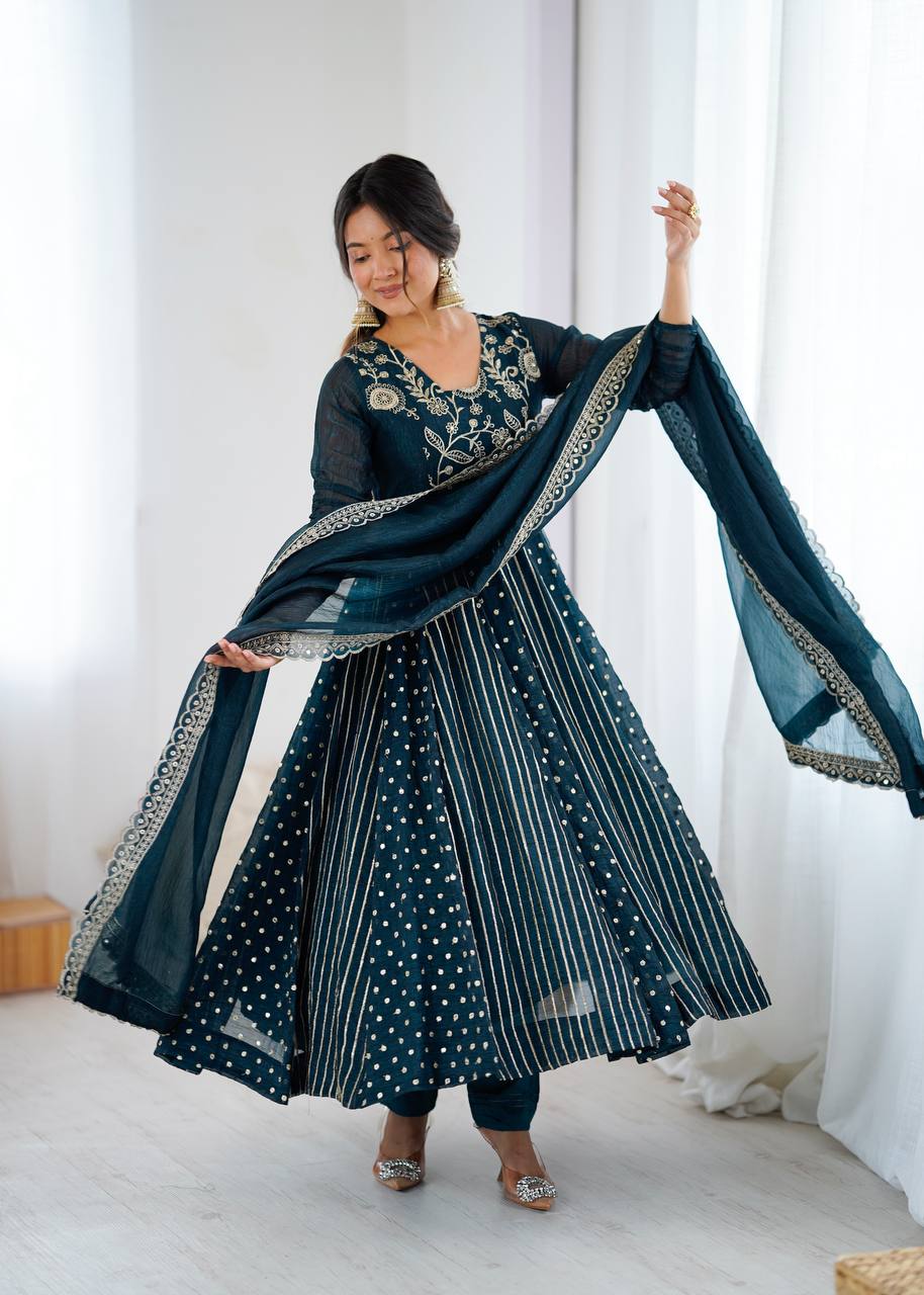 Teal green crunchy silk embroidered Anarkali suit set