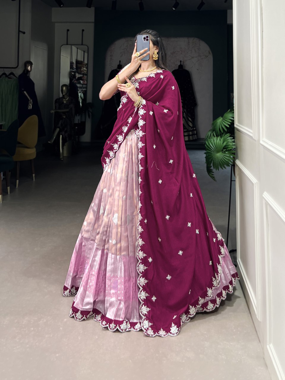 Pink zari Kota lehenga with zari weaving embroidered Vichitra silk dupatta