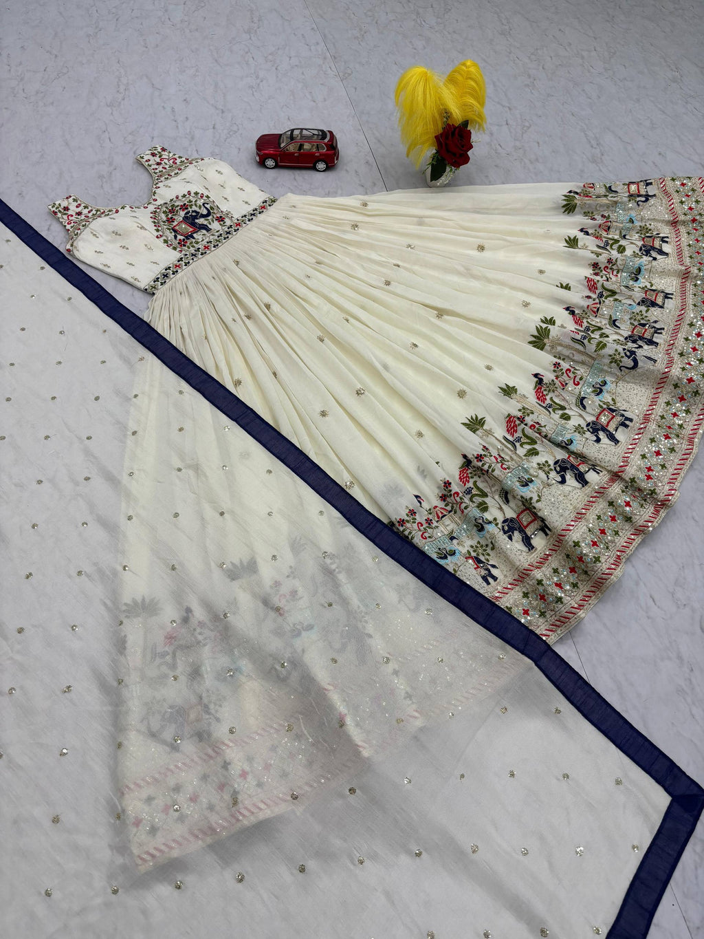 Off-white chinon embroidered designer gown with dupatta