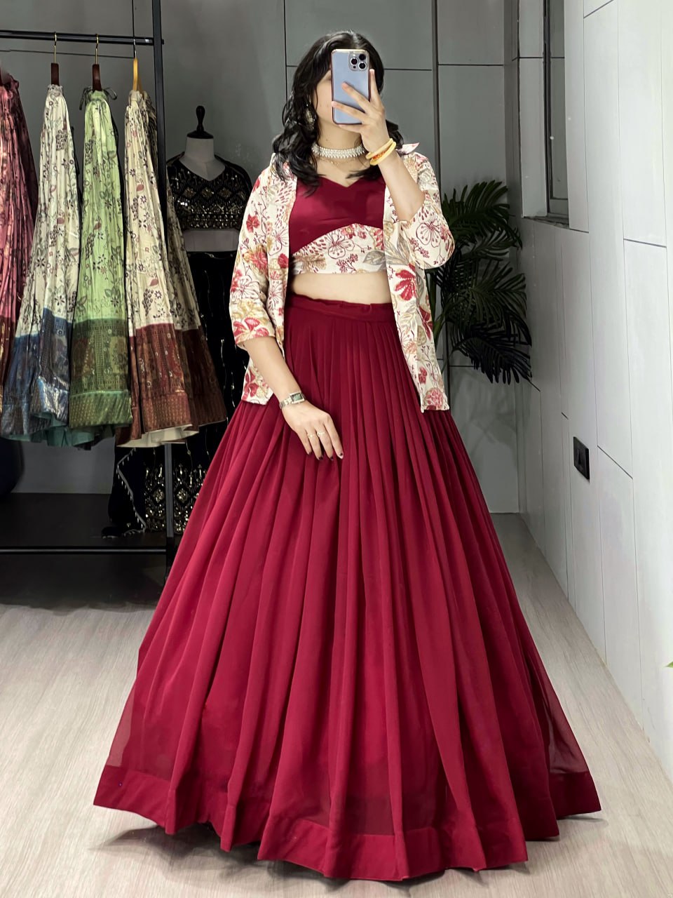 Alka maroon georgette foil printed lehenga choli with koti jacket