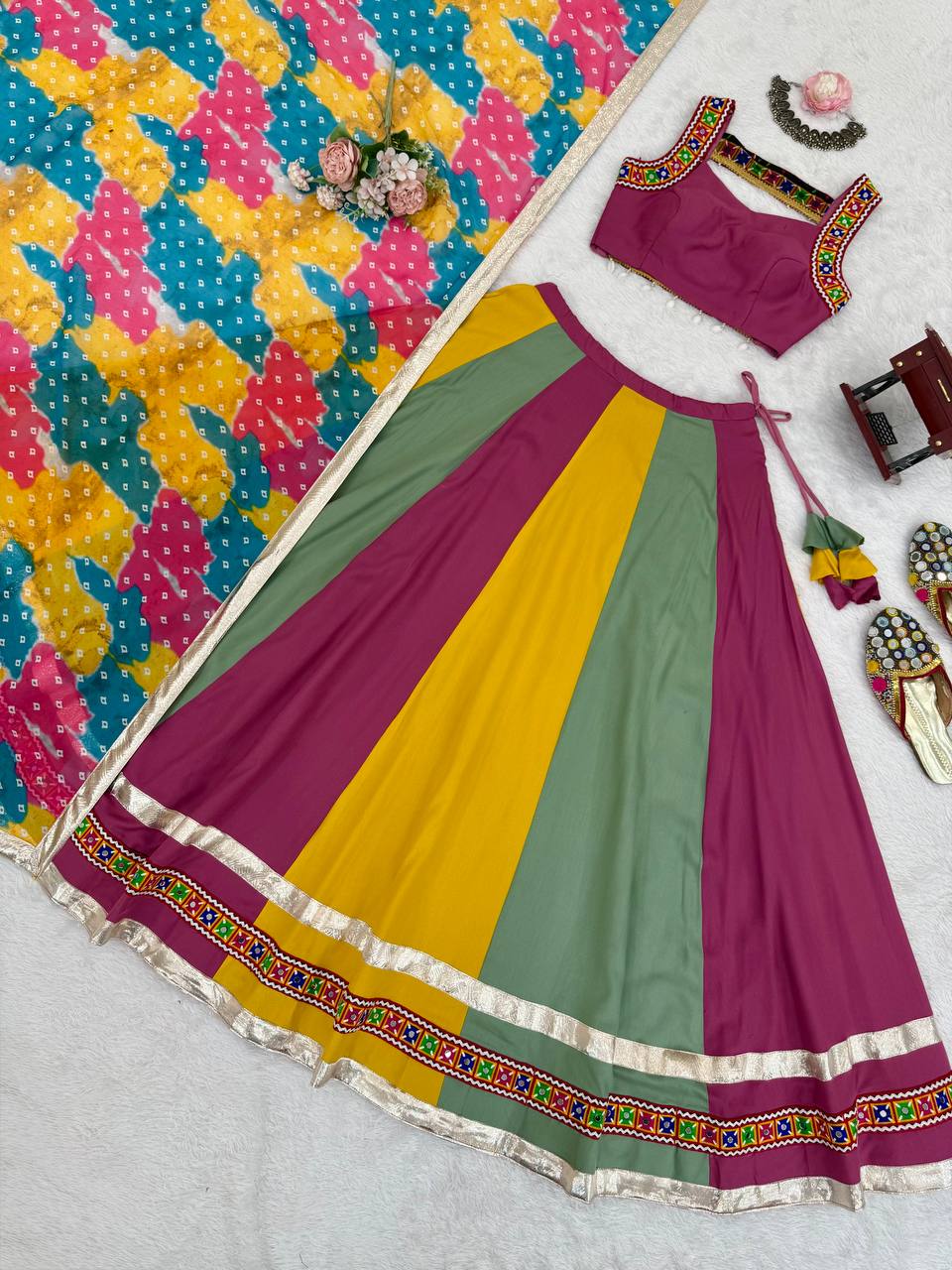 Multicolor rayon Gamthi thread mirror work Navratri lehenga choli with dupatta