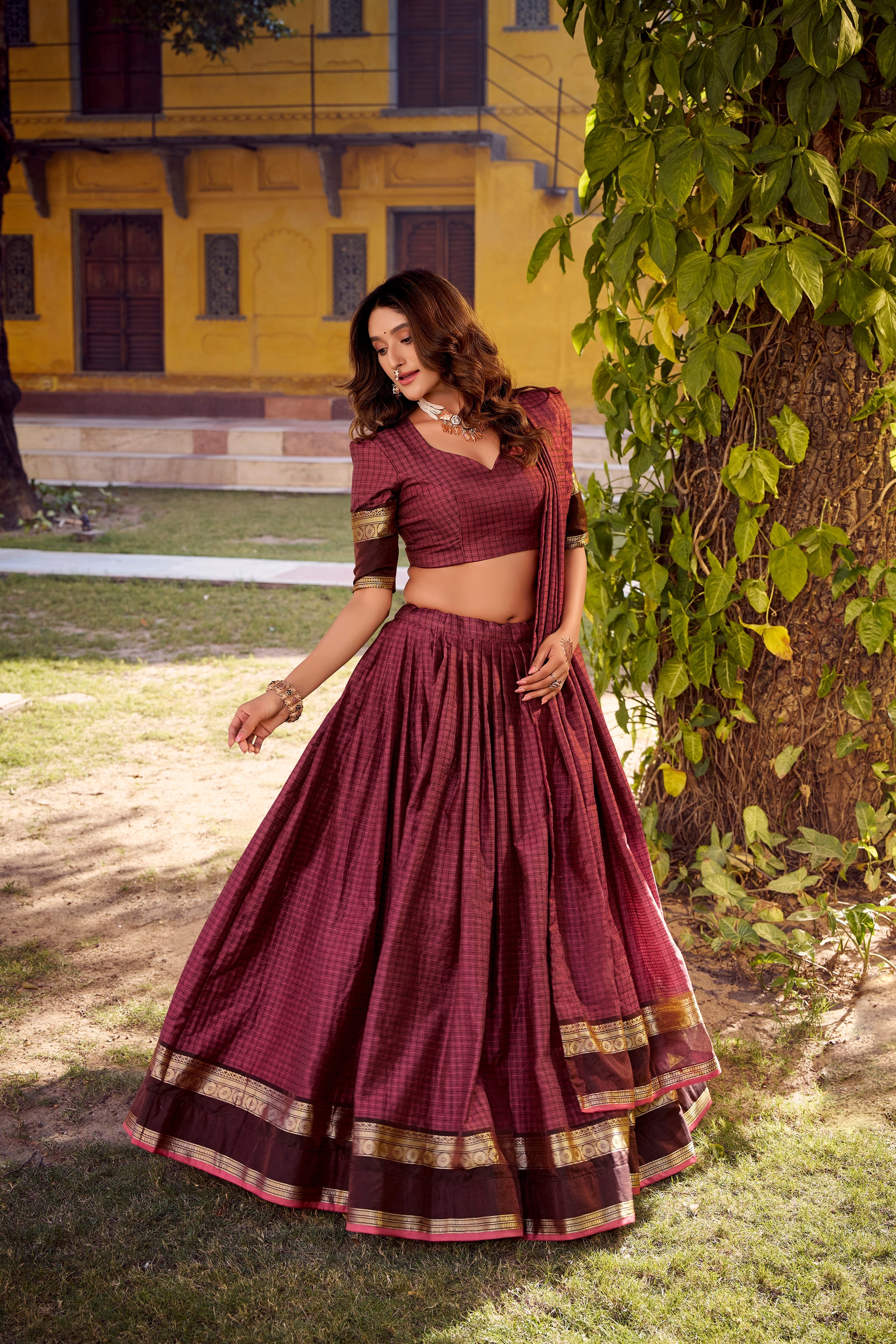 Rimi mulberry Chettinad cotton chex half saree lehenga with zari weaving work