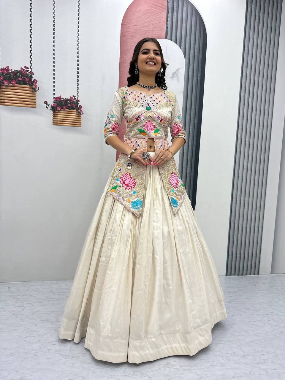 Neerja off-white Cosmos silk crop top lehenga choli with embroidery and sequins work