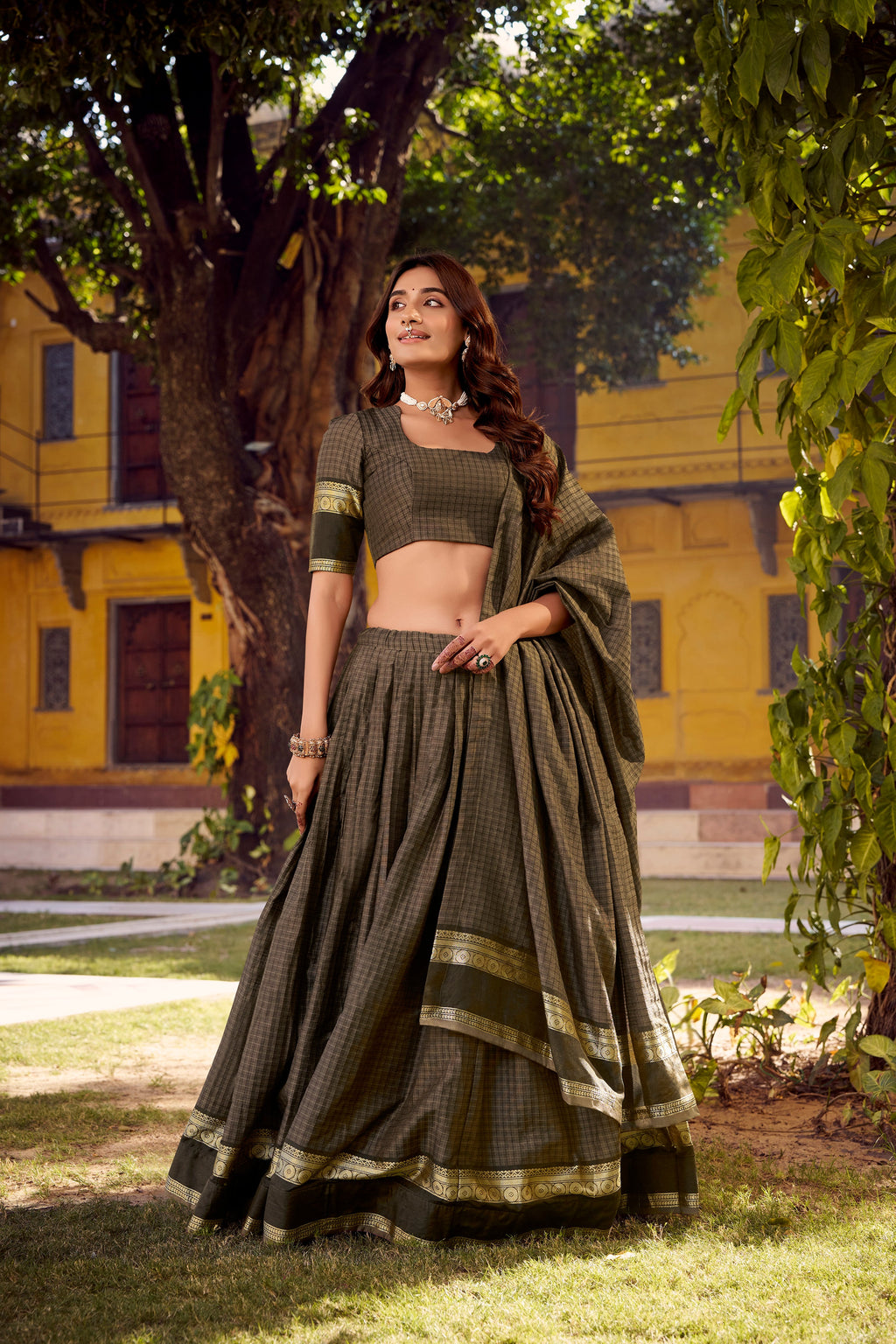 Rimi grey Chettinad cotton chex half saree lehenga with zari weaving work