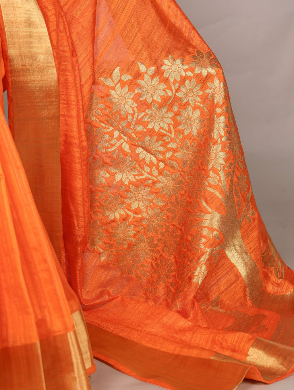 Orange raw silk zari weaving saree with unstitched blouse