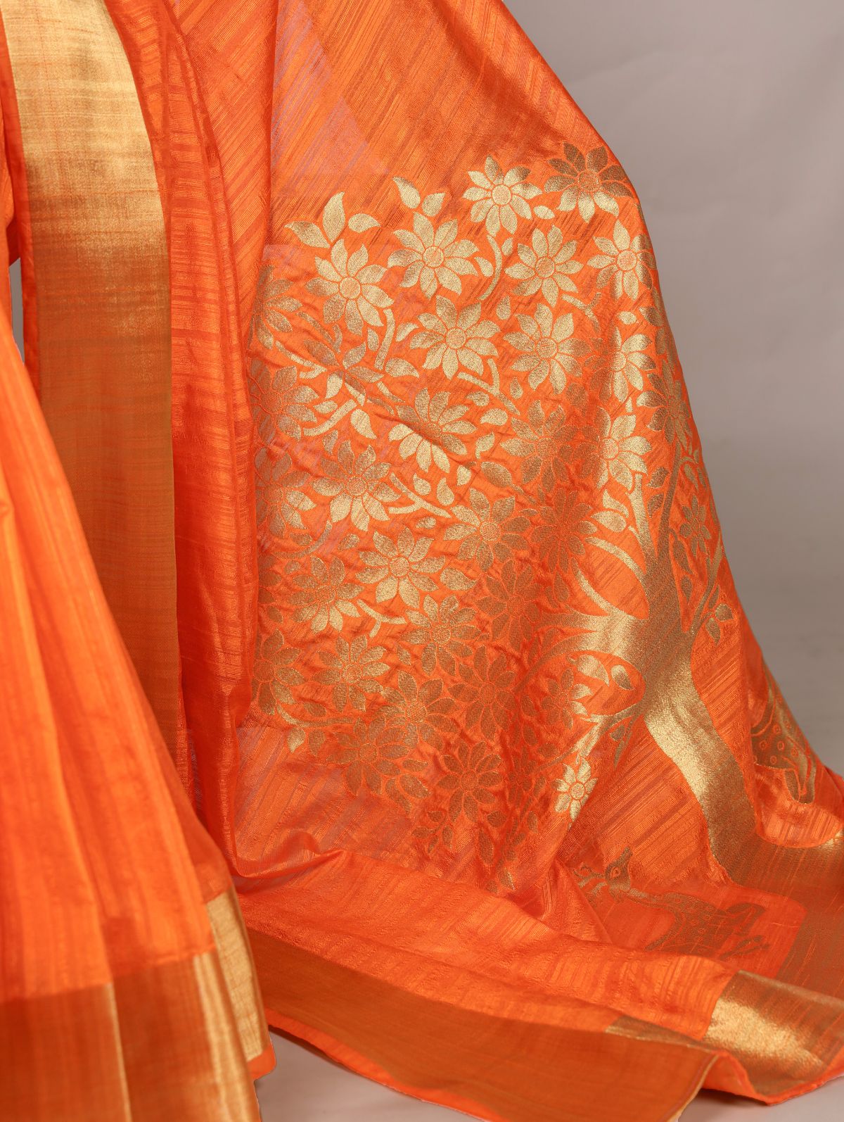 Orange raw silk zari weaving saree with unstitched blouse