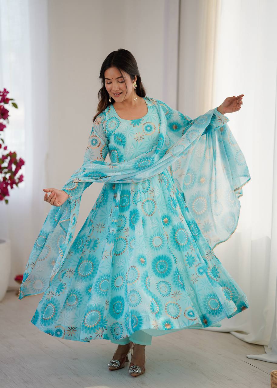 Sky blue georgette floral printed Anarkali suit for women