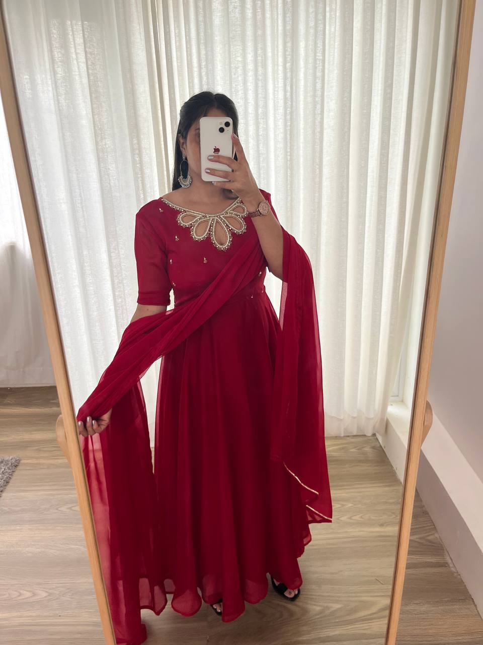 Samiksha red georgette embroidered Anarkali gown set