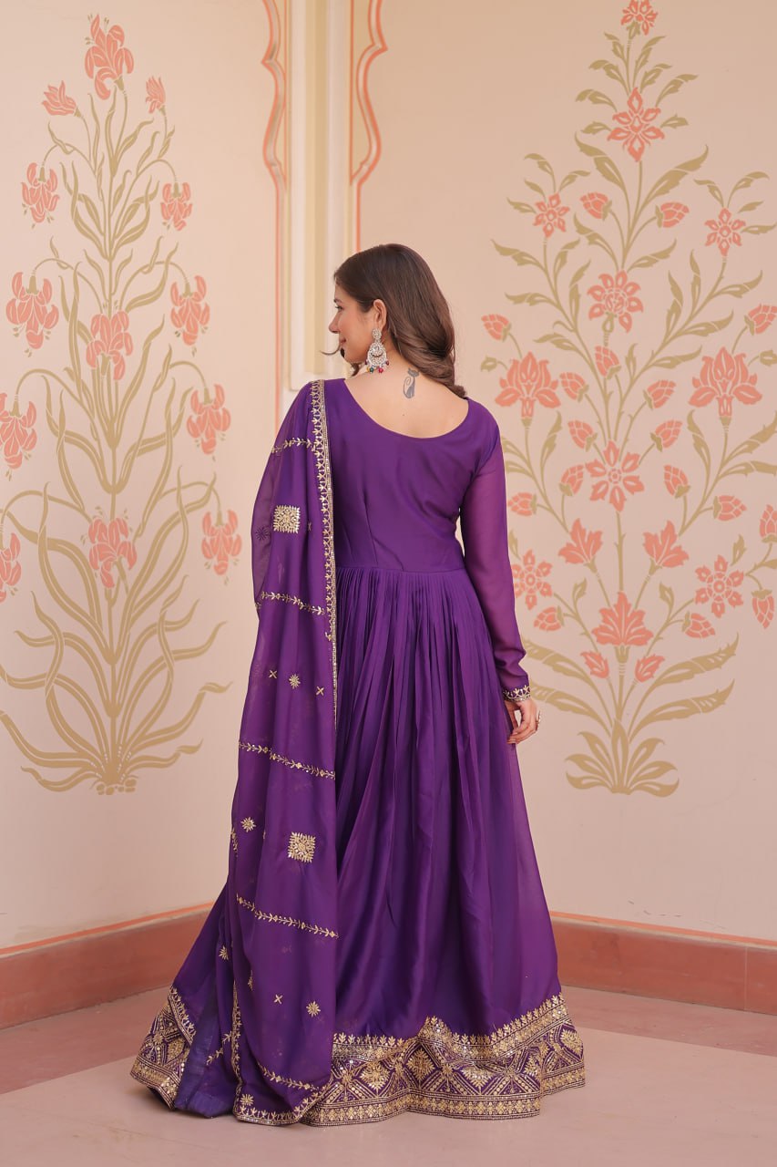 Purple star georgette zari sequins embroidered gown with dupatta