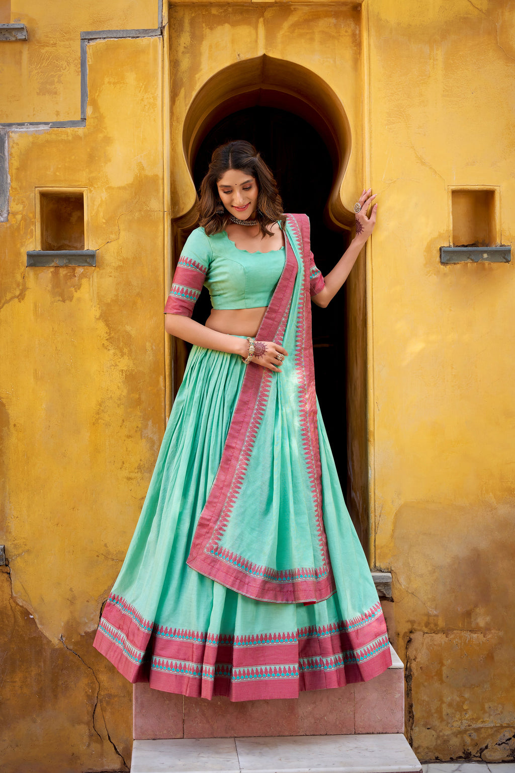 Swastika sky blue pure Chanderi thread work half saree lehenga