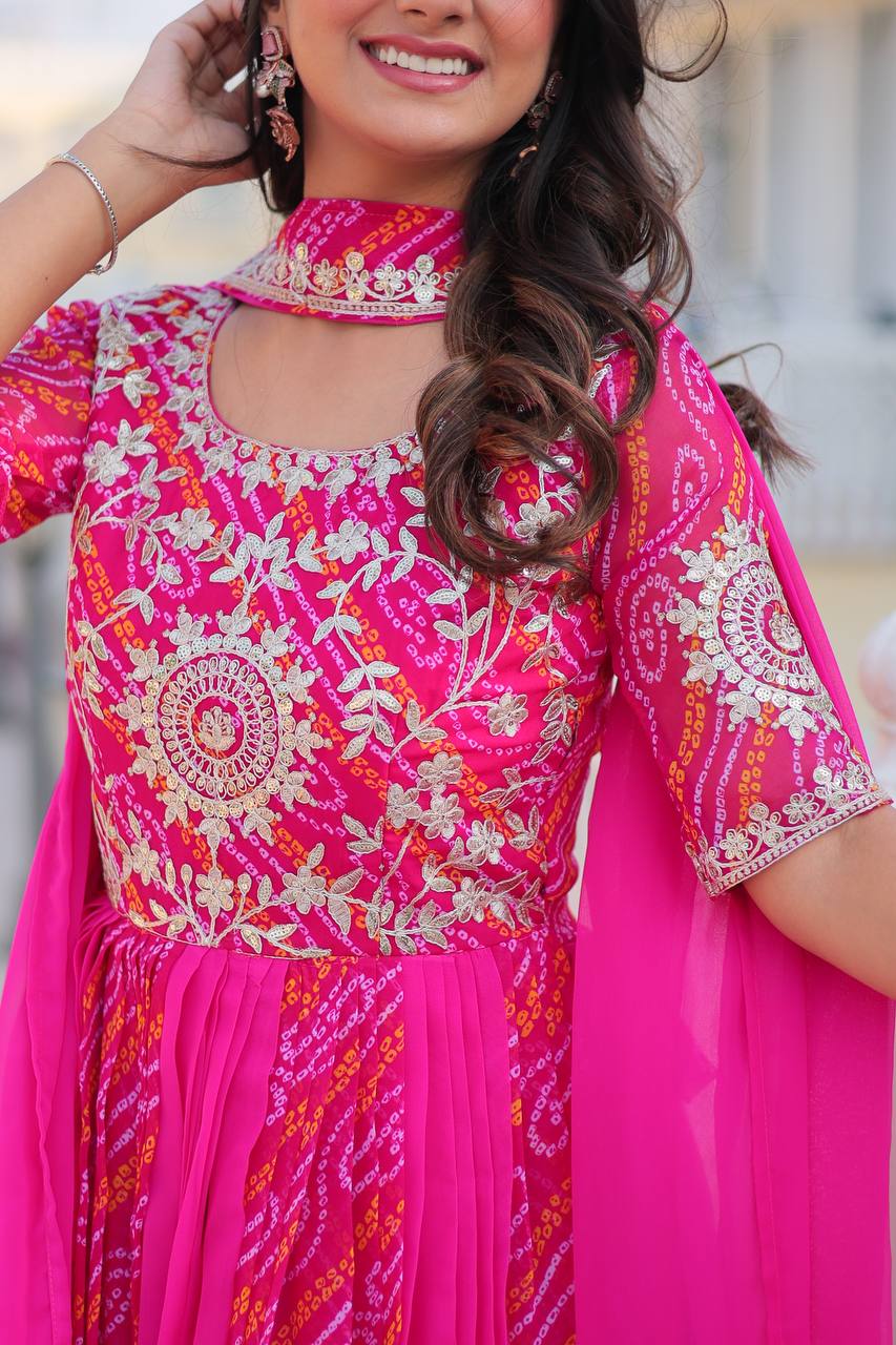 Saanvi pure bandhej georgette embroidered gown set