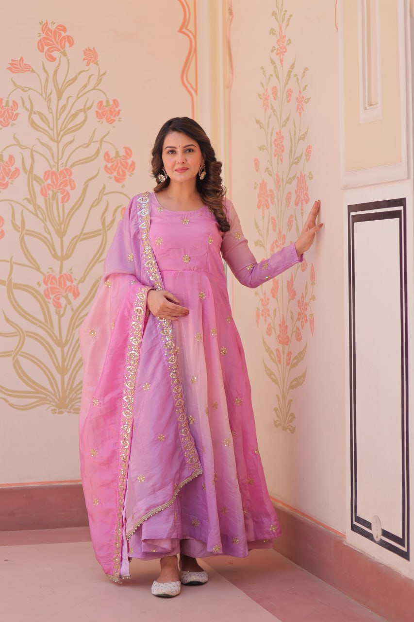Pink organza flair gown with sequins zari embroidery and dupatta