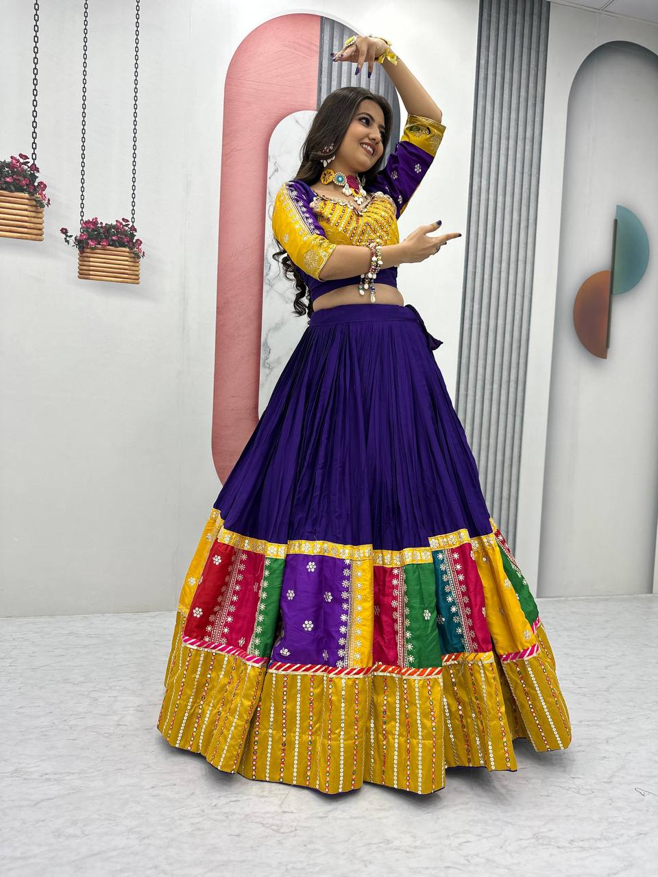 Purple pure cotton lehenga choli with embroidered sequins work and dupatta