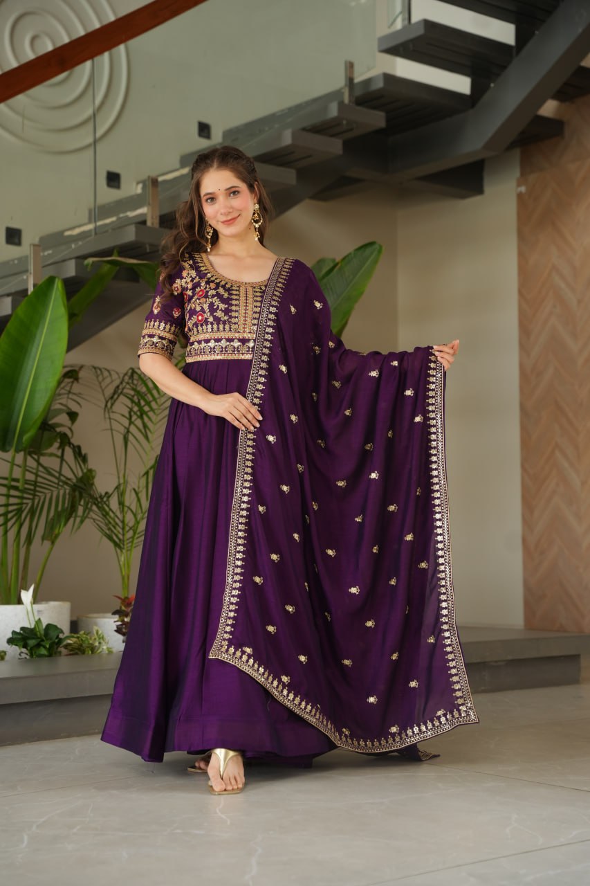 Aadishri purple silk sequins embroidered gown