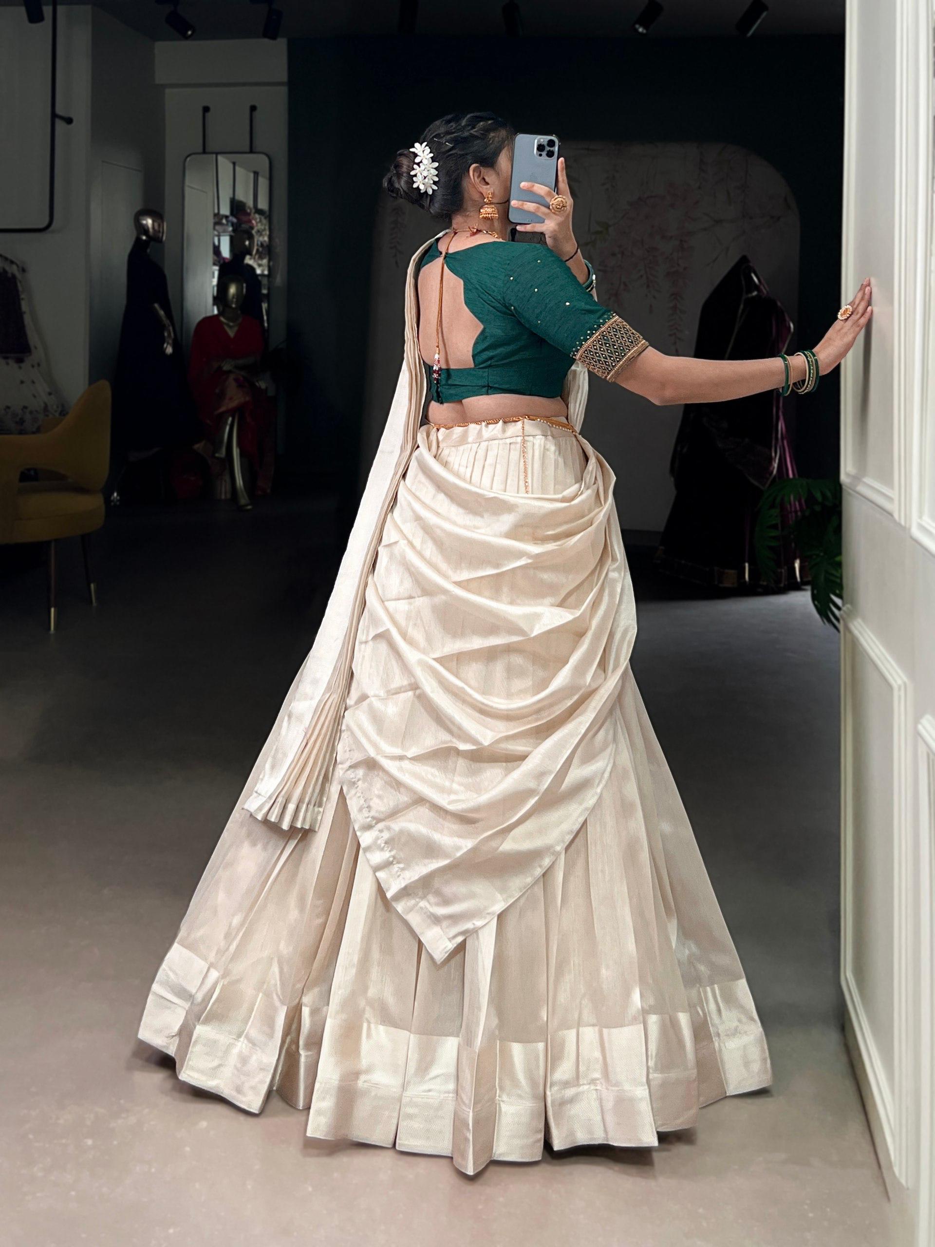 Off white poly Tasar viscose border and bead work traditional lehenga choli
