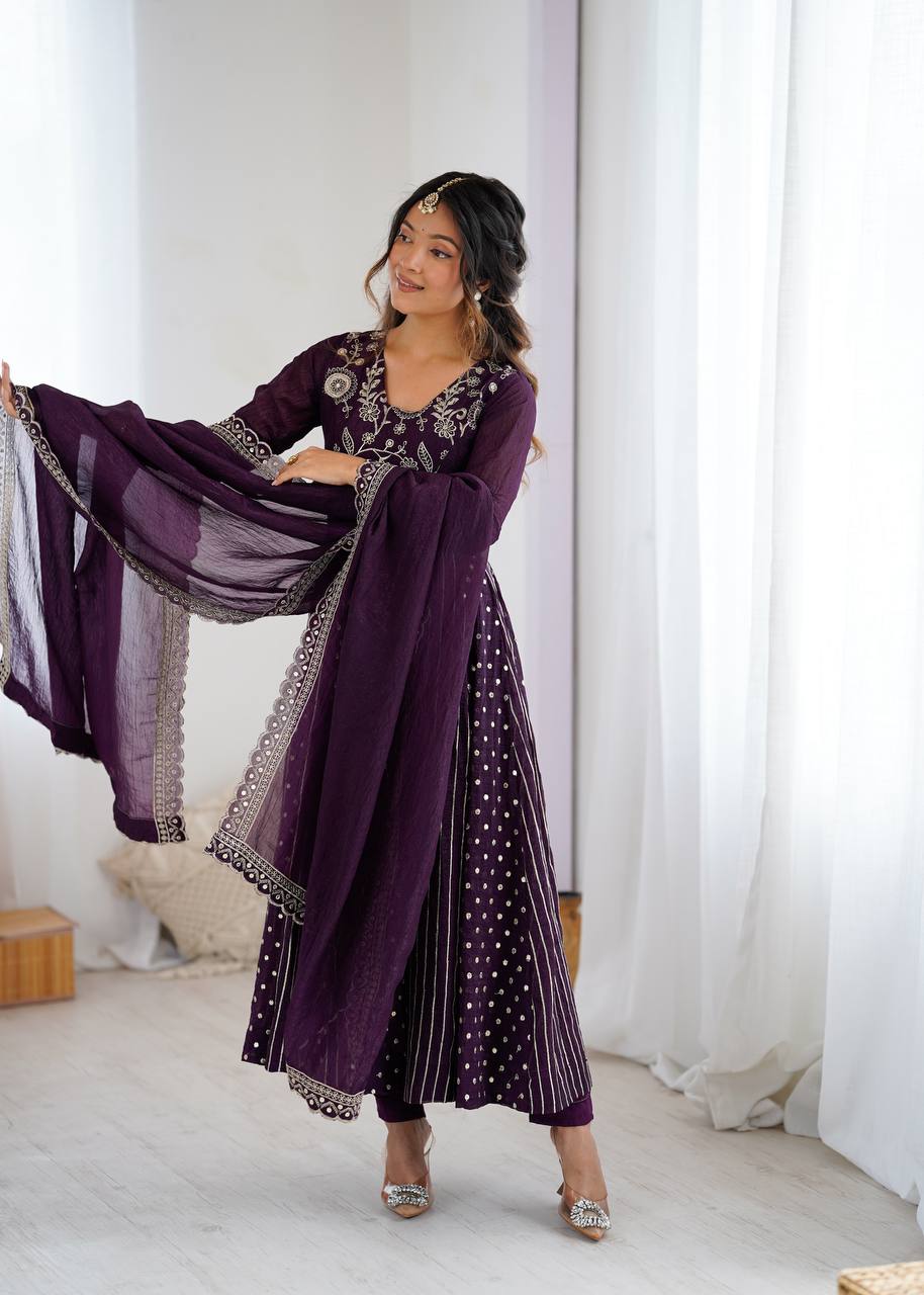 Purple traditional silk Anarkali suit set for women