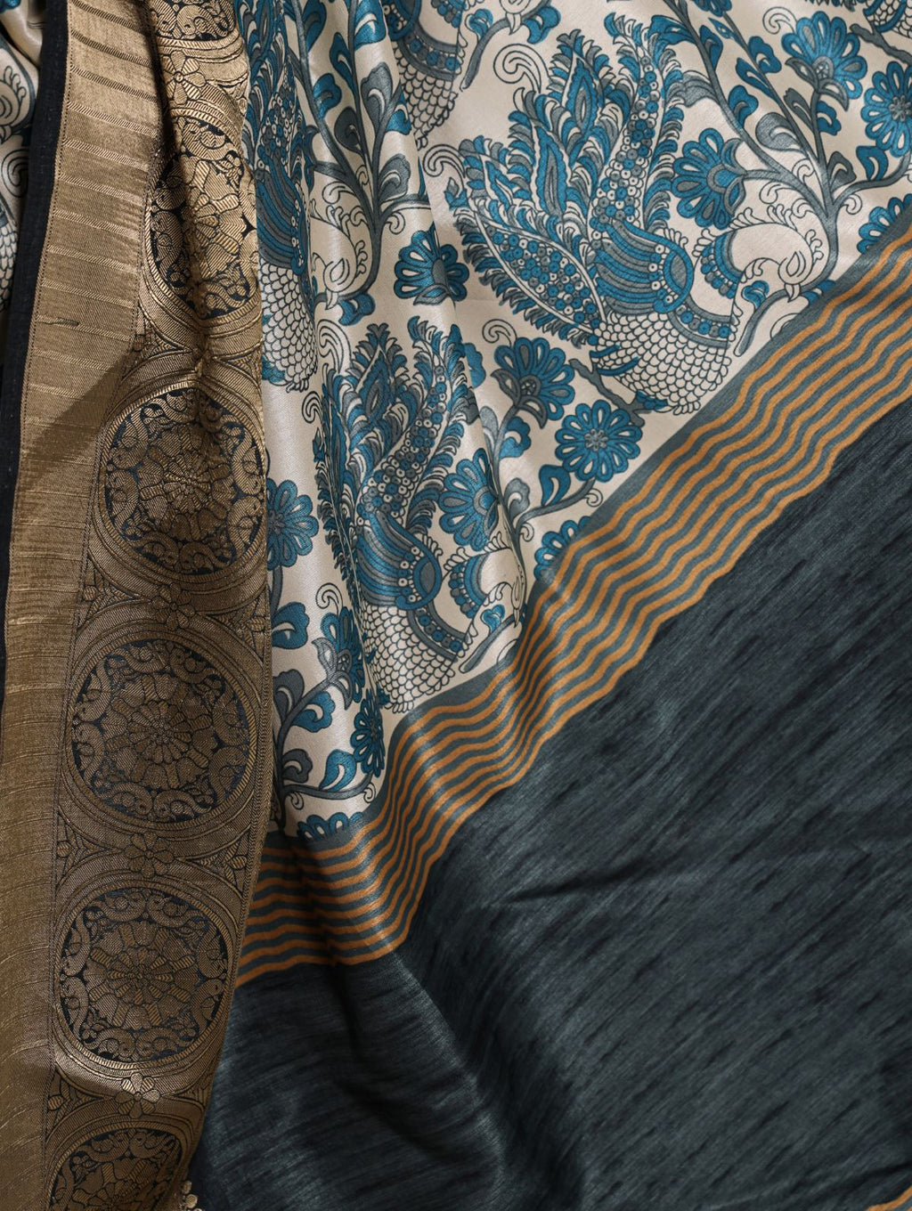 Teal blue tasar silk printed saree with viscose border and blouse