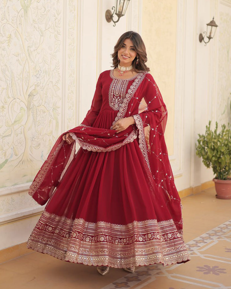 Vasundhara faux blooming red anarkali gown suit set