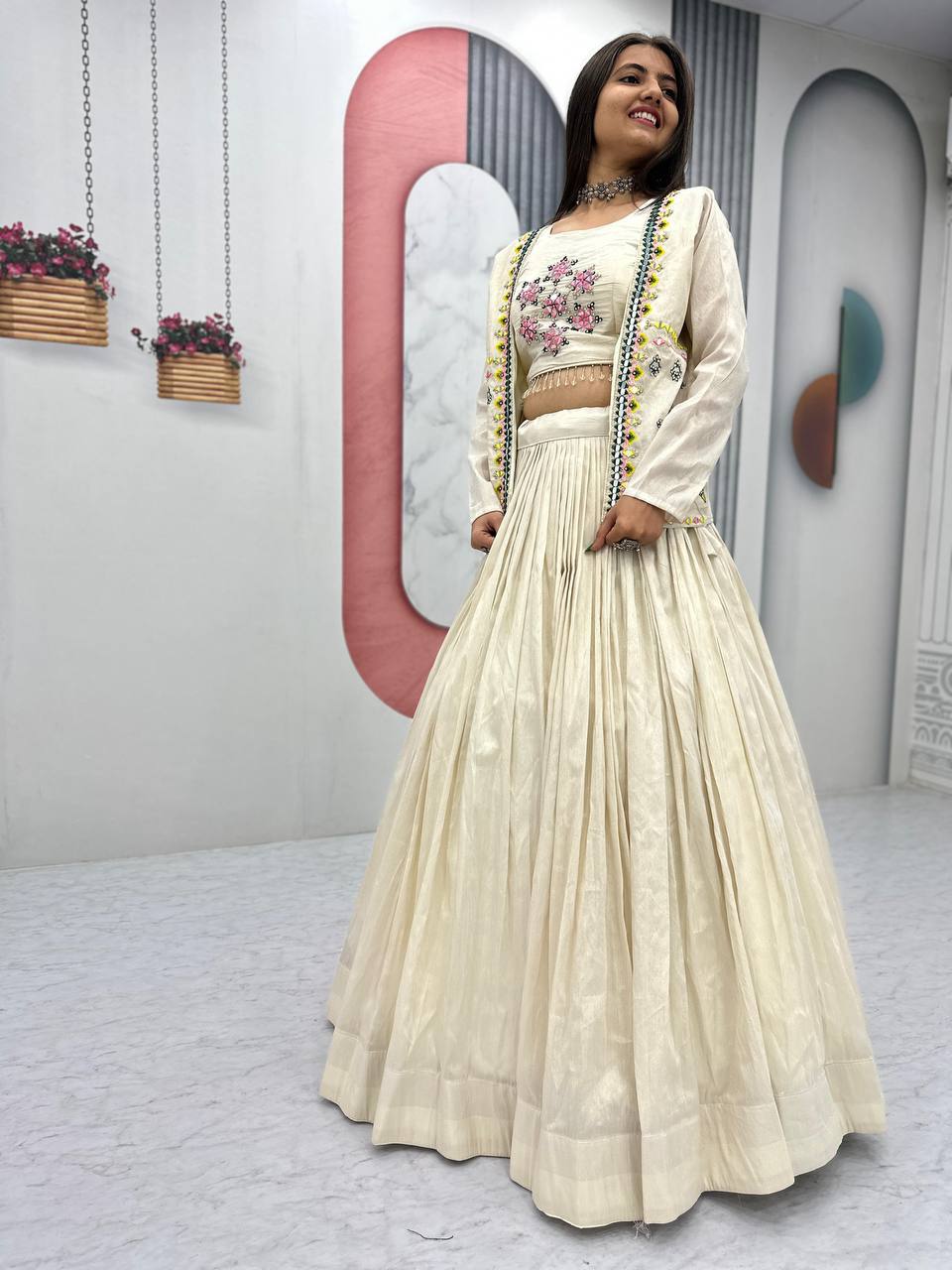 Off white tissue shimmer lehenga choli with handwork real diamond work and jacket