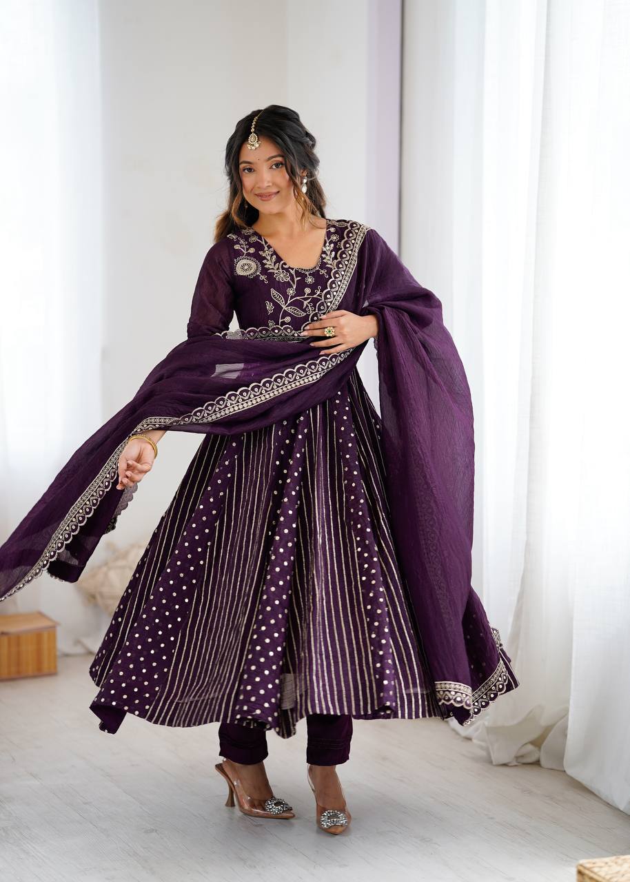 Purple traditional silk Anarkali suit set for women