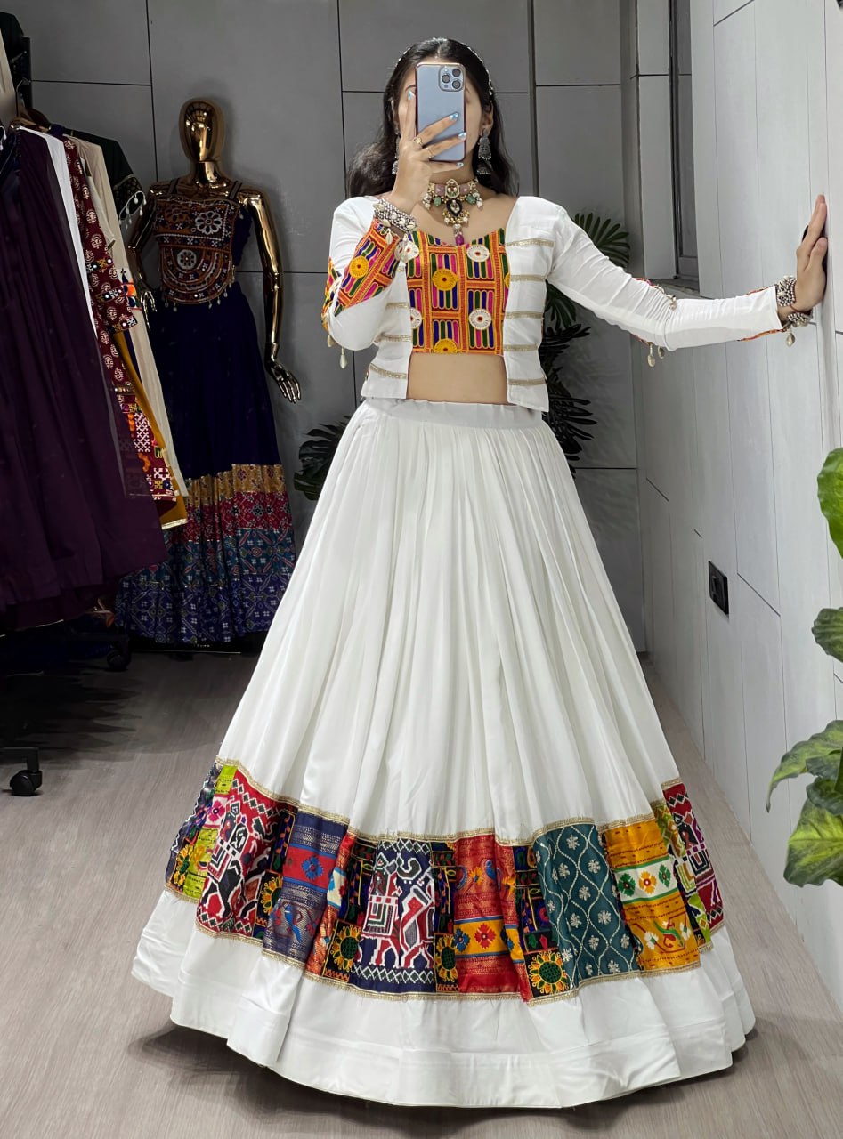 White festive wear fancy top lehenga with Kutchi detailing