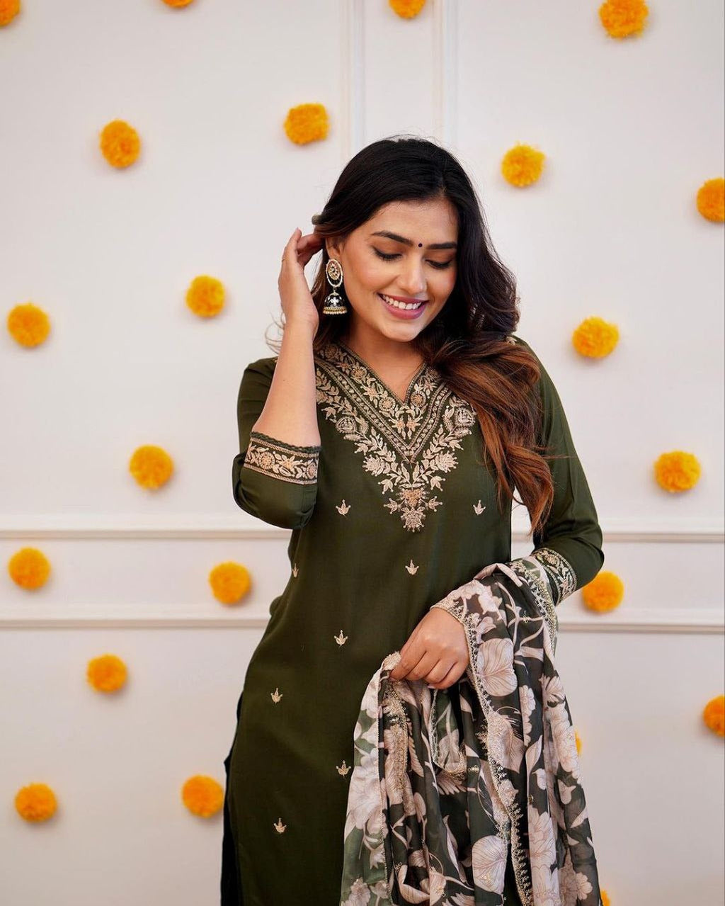 Janaki green chanderi embroidery kurti set with dupatta
