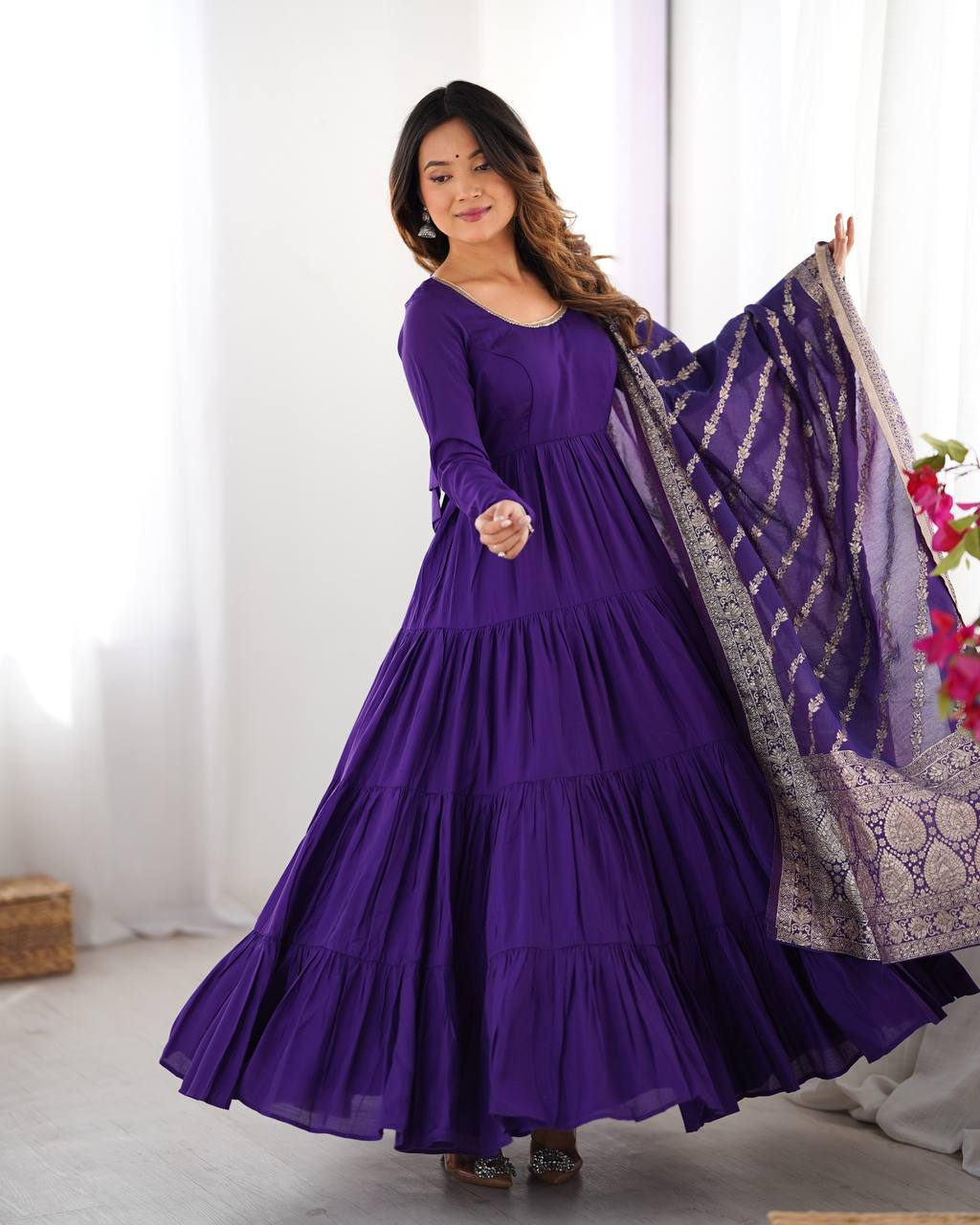 Purple Roman silk Ashika flared designer Anarkali suit