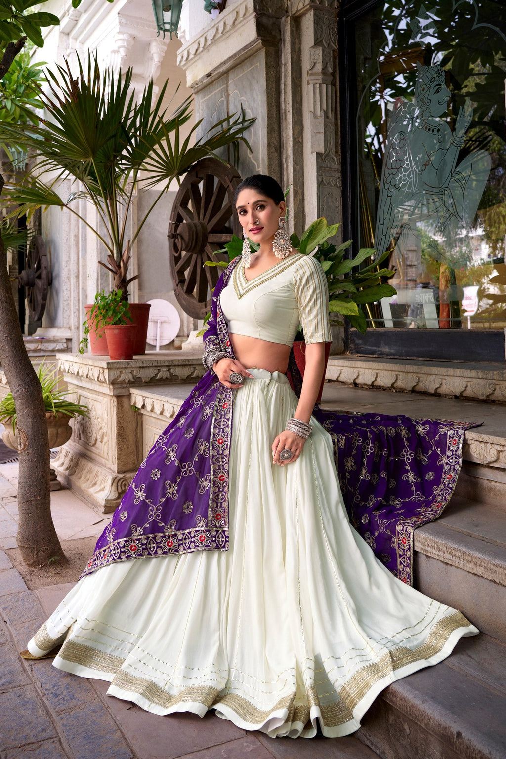 White pure rayon lace work lehenga choli with georgette sequins dupatta