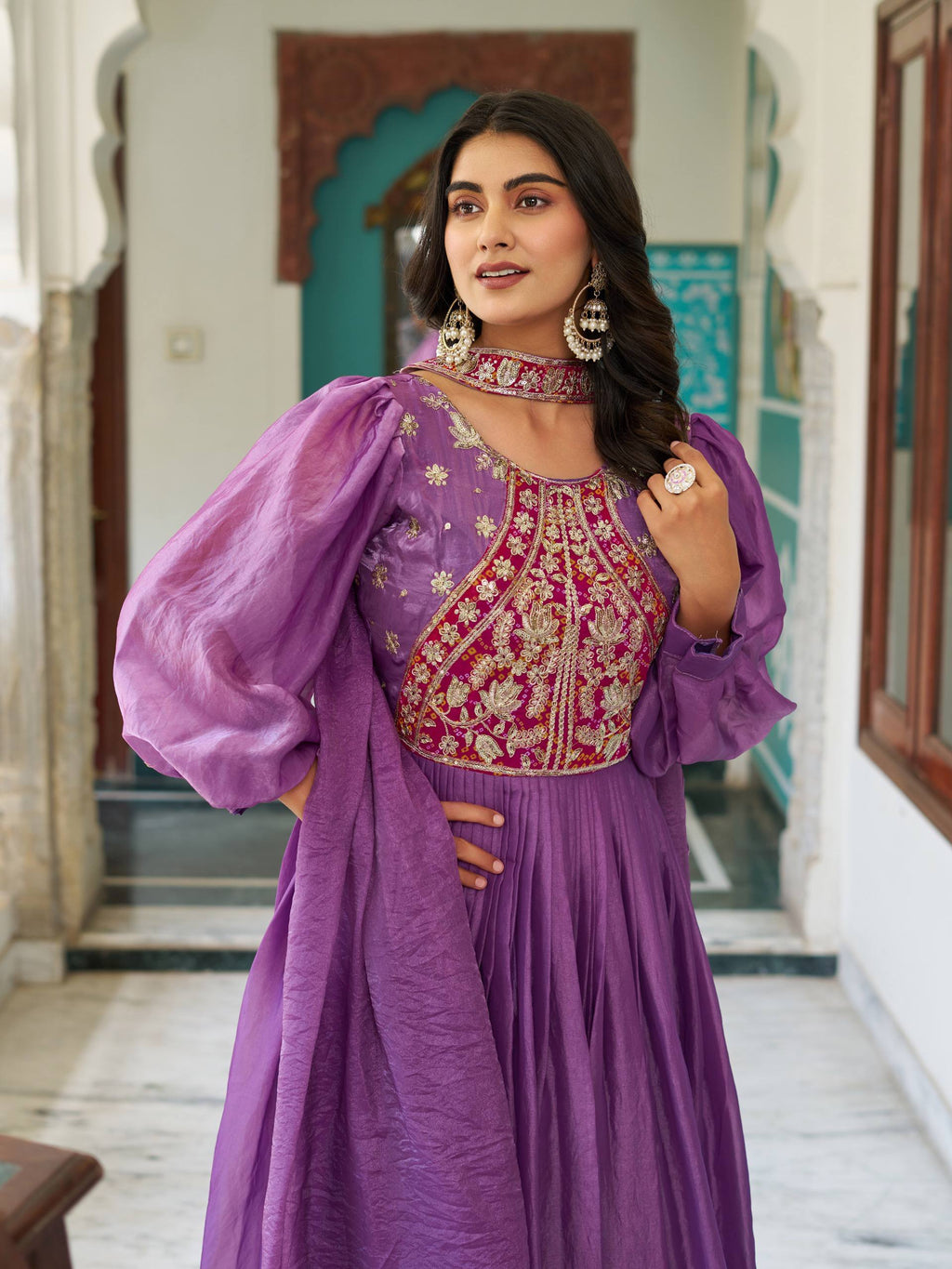 Ritu purple Fendy silk gown with sequins thread embroidery and dupatta