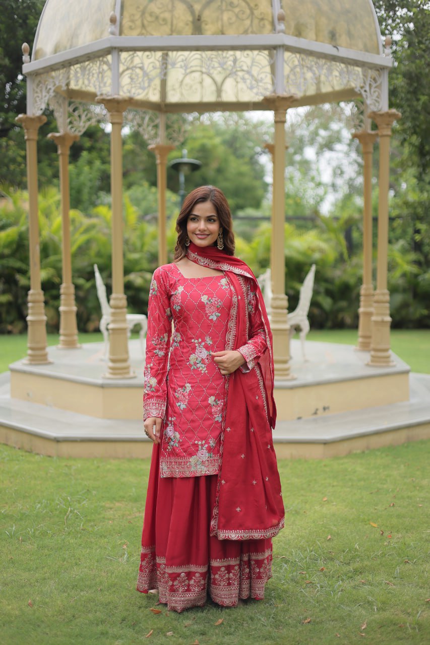 Medhasvi pink chinon embroidered kurti sharara set