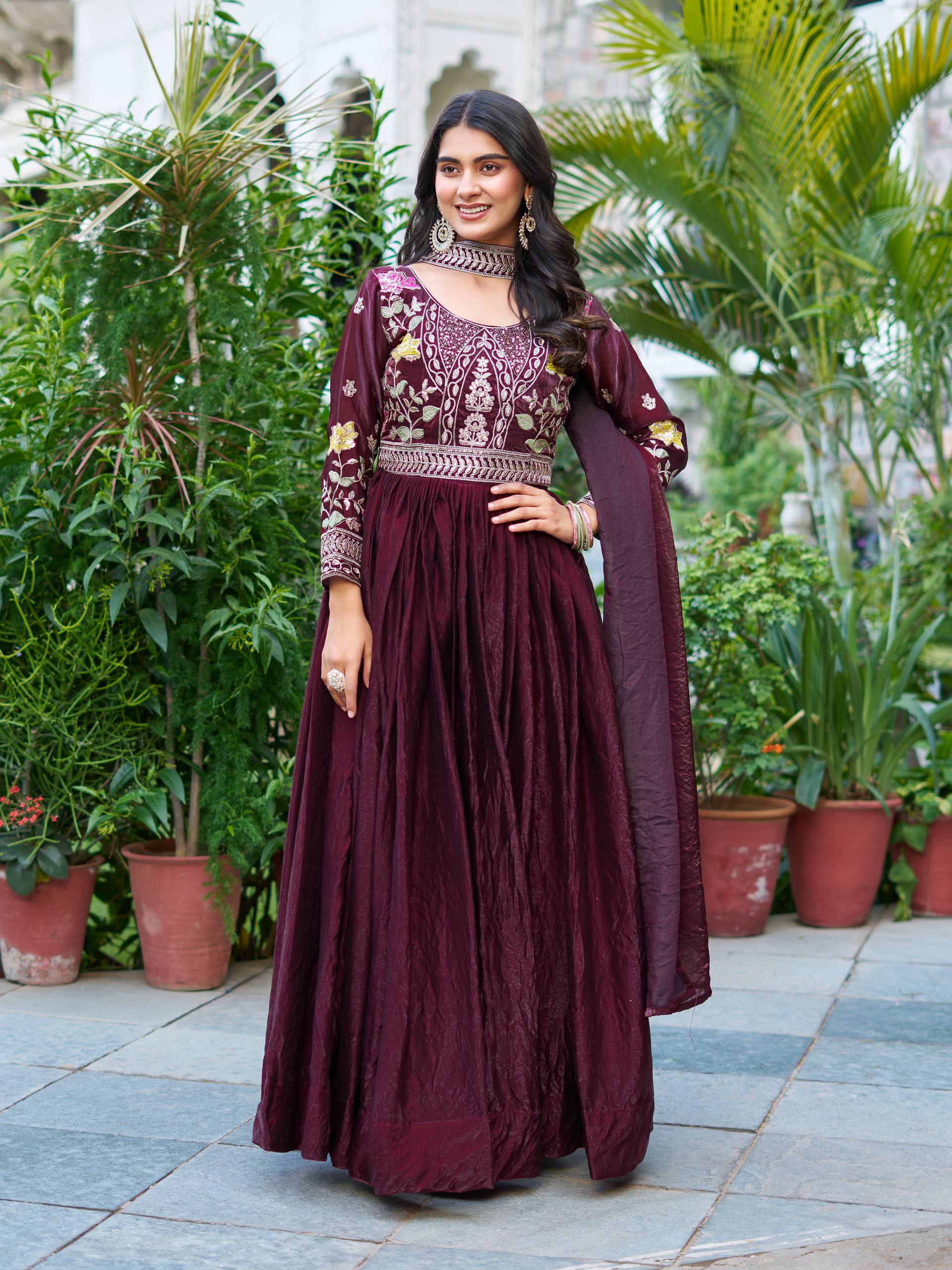 Dipa wine Fendy silk gown with embroidery sequins thread work and dupatta