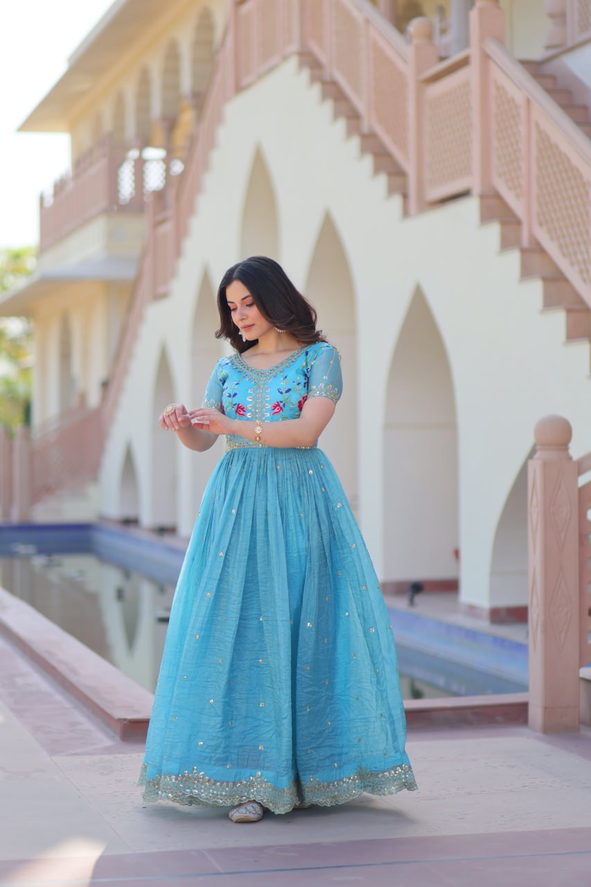 Sky blue gold crush zari sequins work embroidered gown