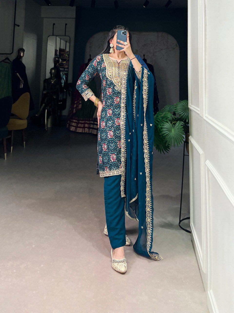 Teal blue rayon kurti set with embroidered organza dupatta