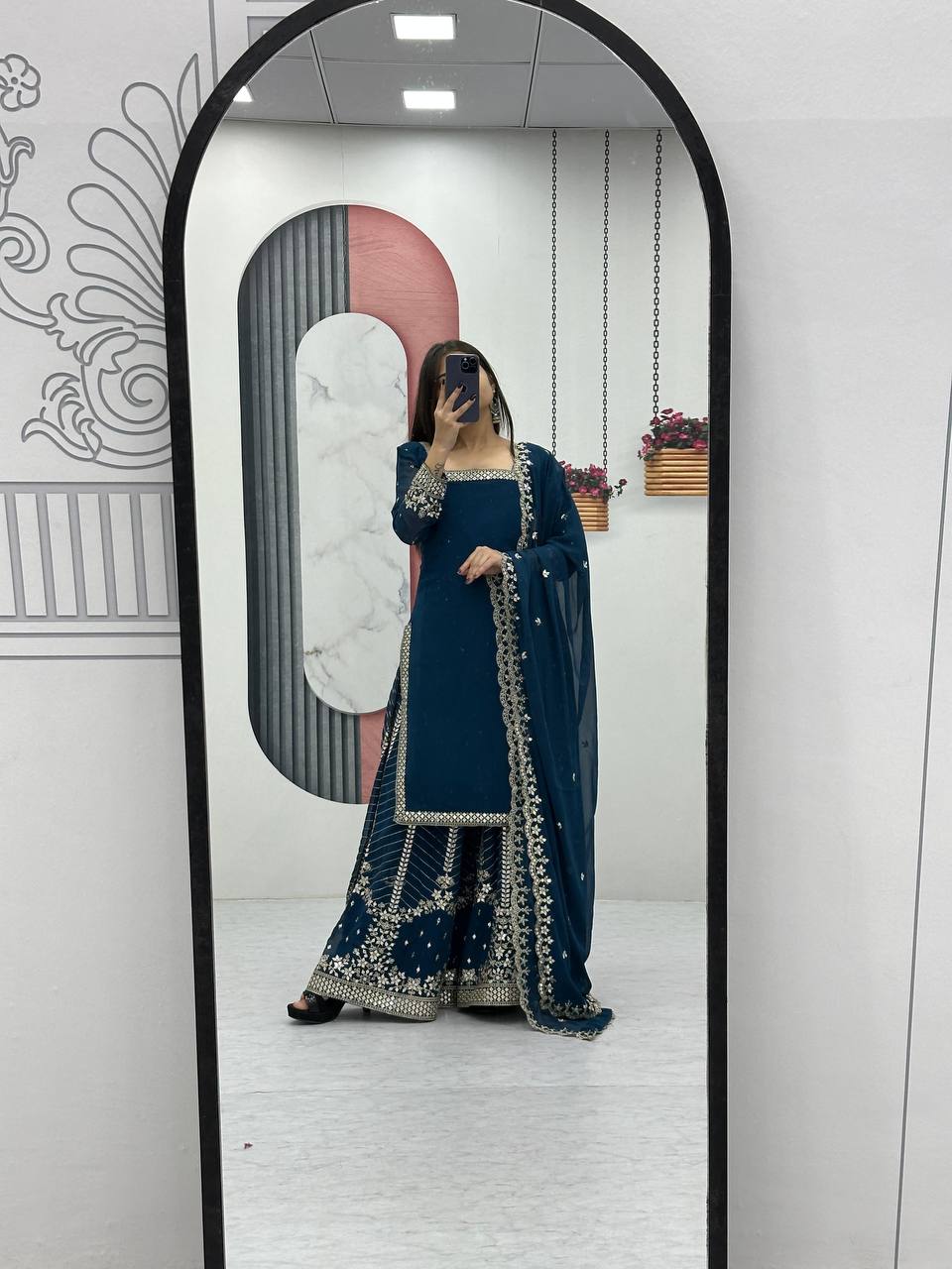 Aroa blue fox georgette kurti palazzo set with embroidery sequence work