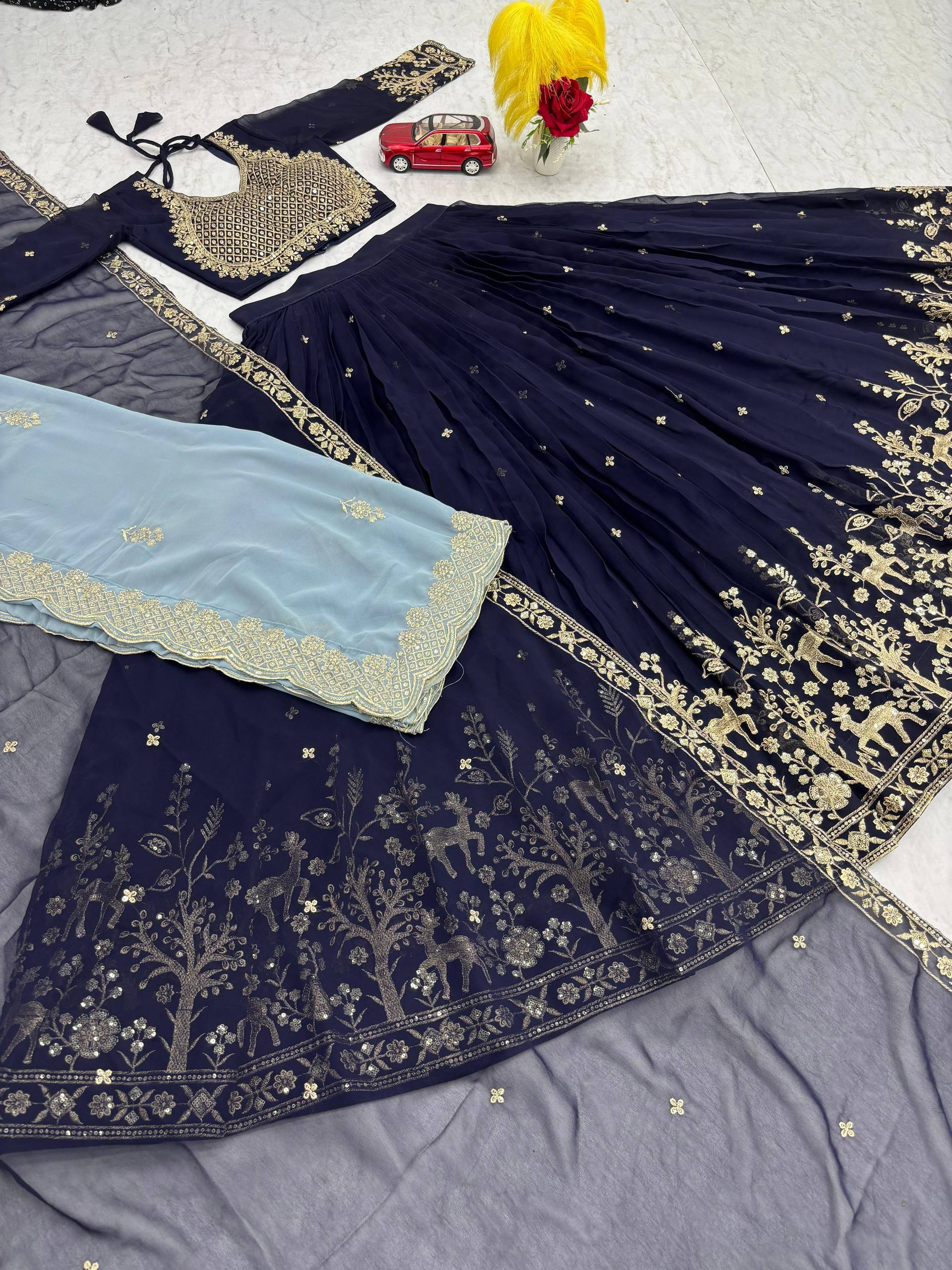 Navy Blue Fox Georgette Heavy Embroidered Designer Lehenga Choli with Dupatta