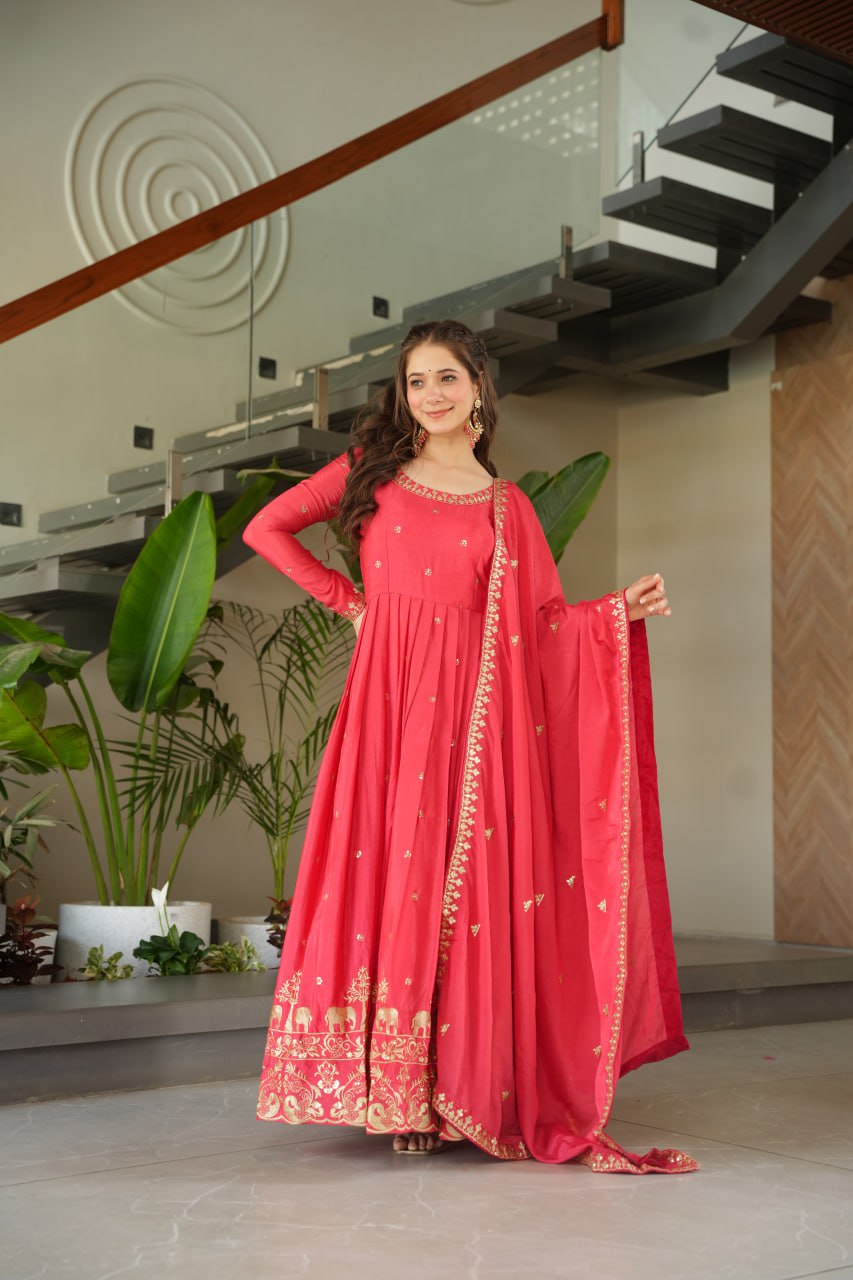 Harvisha rani pink chinon silk embroidered gown