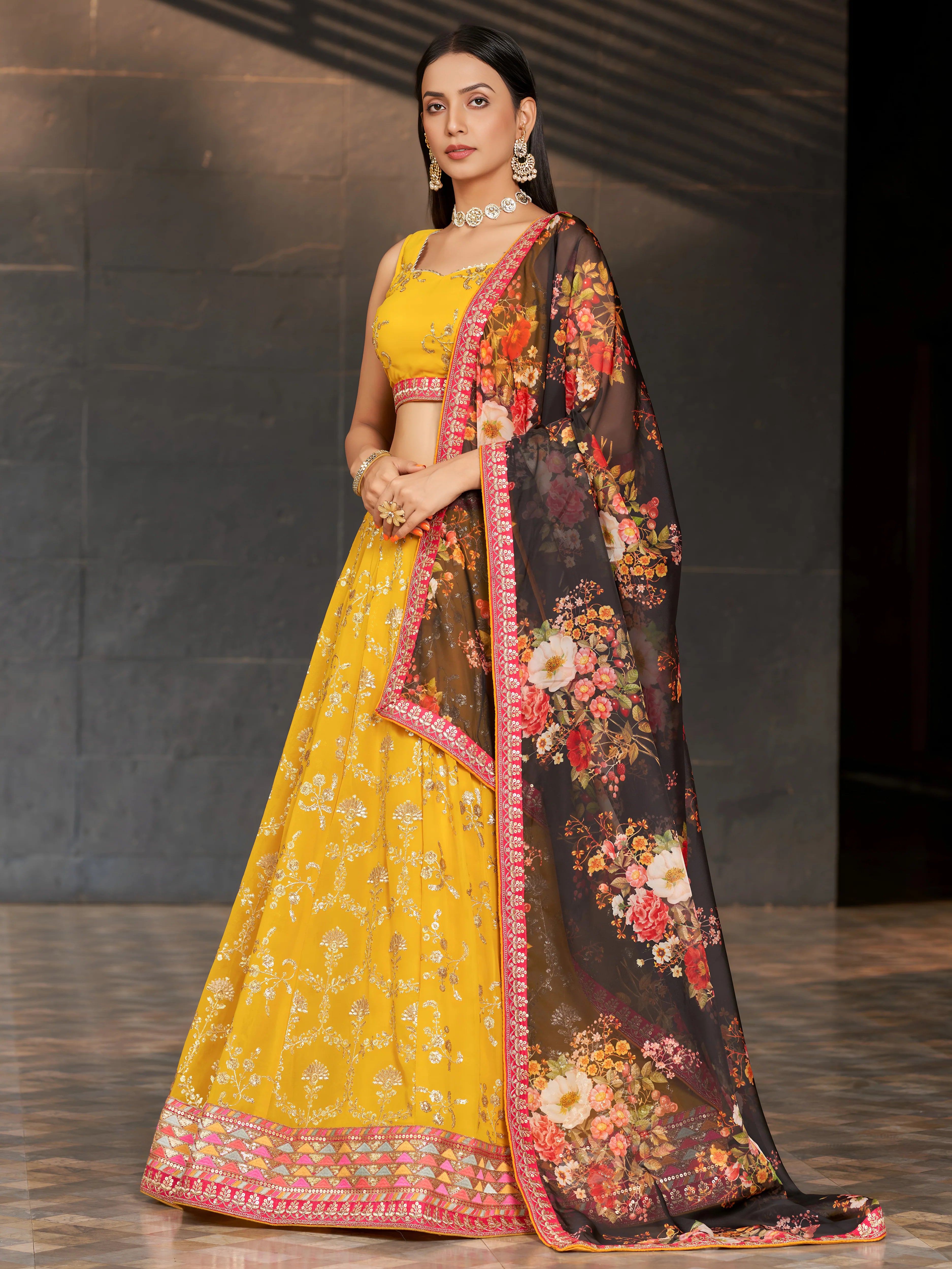 Navya mustard yellow floral embroidered lehenga choli with dupatta