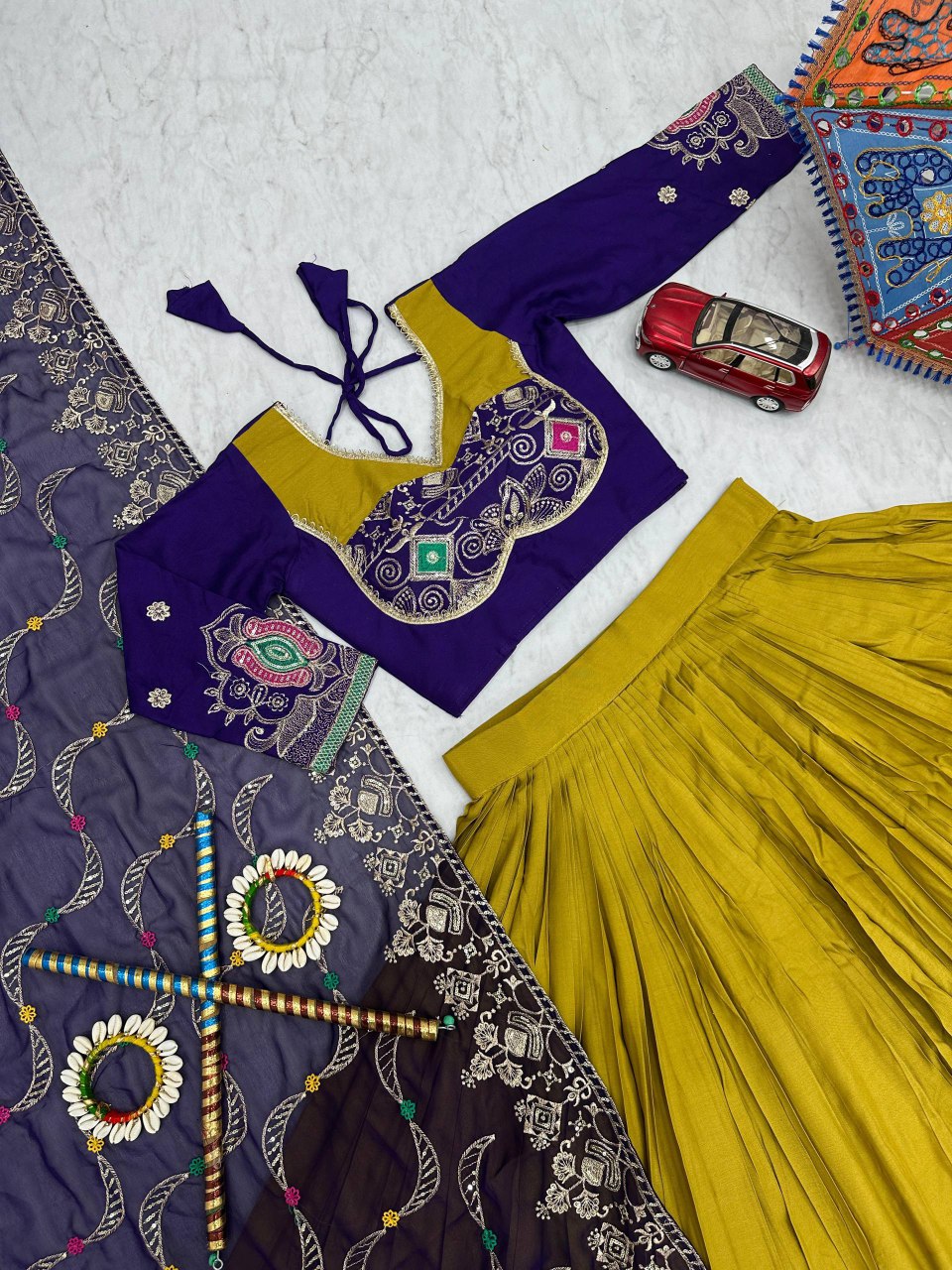 Mustard yellow pure cotton embroidered sequins work lehenga choli