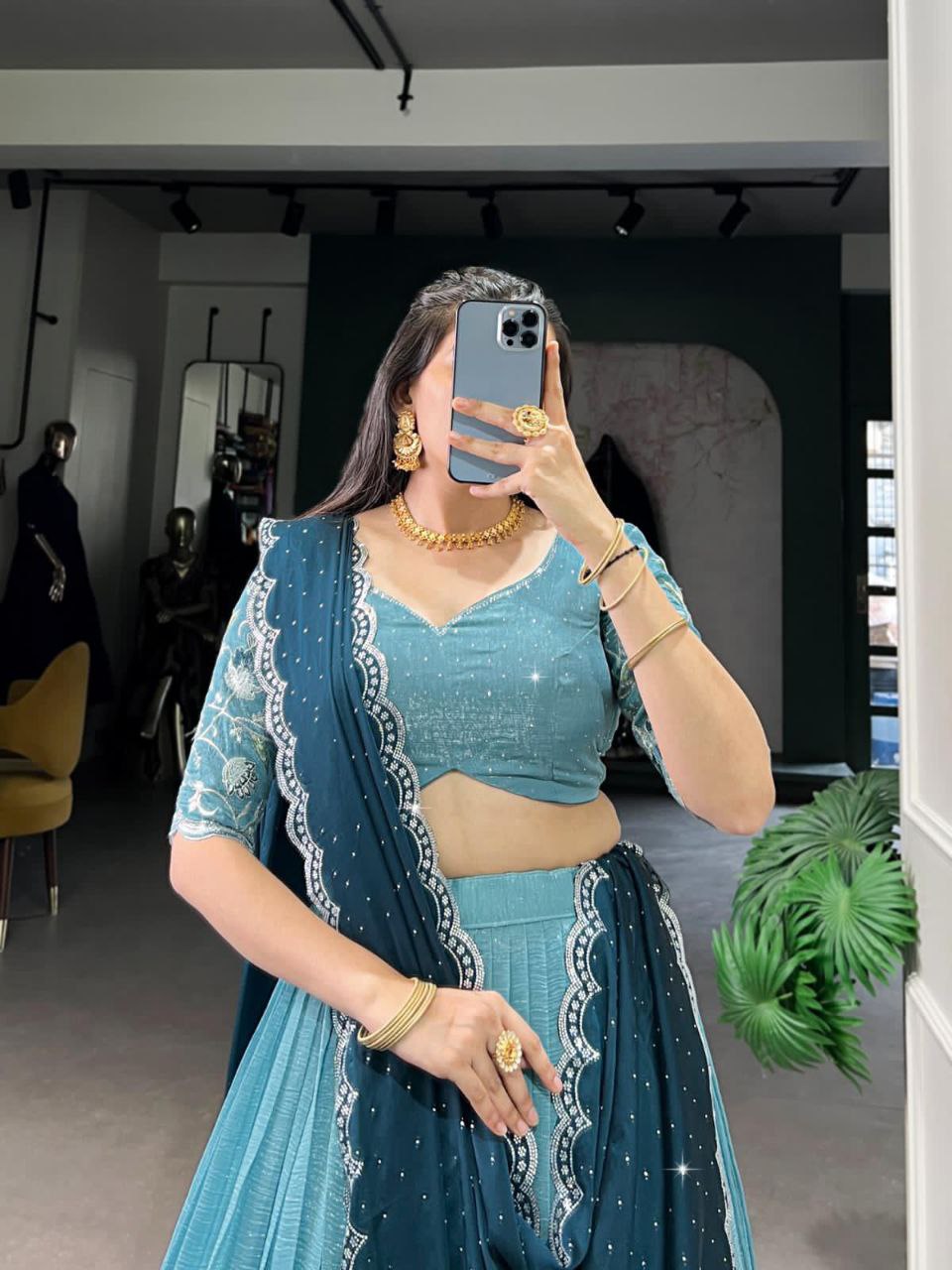 Sky blue silver glossy embroidered hotfix work lehenga choli