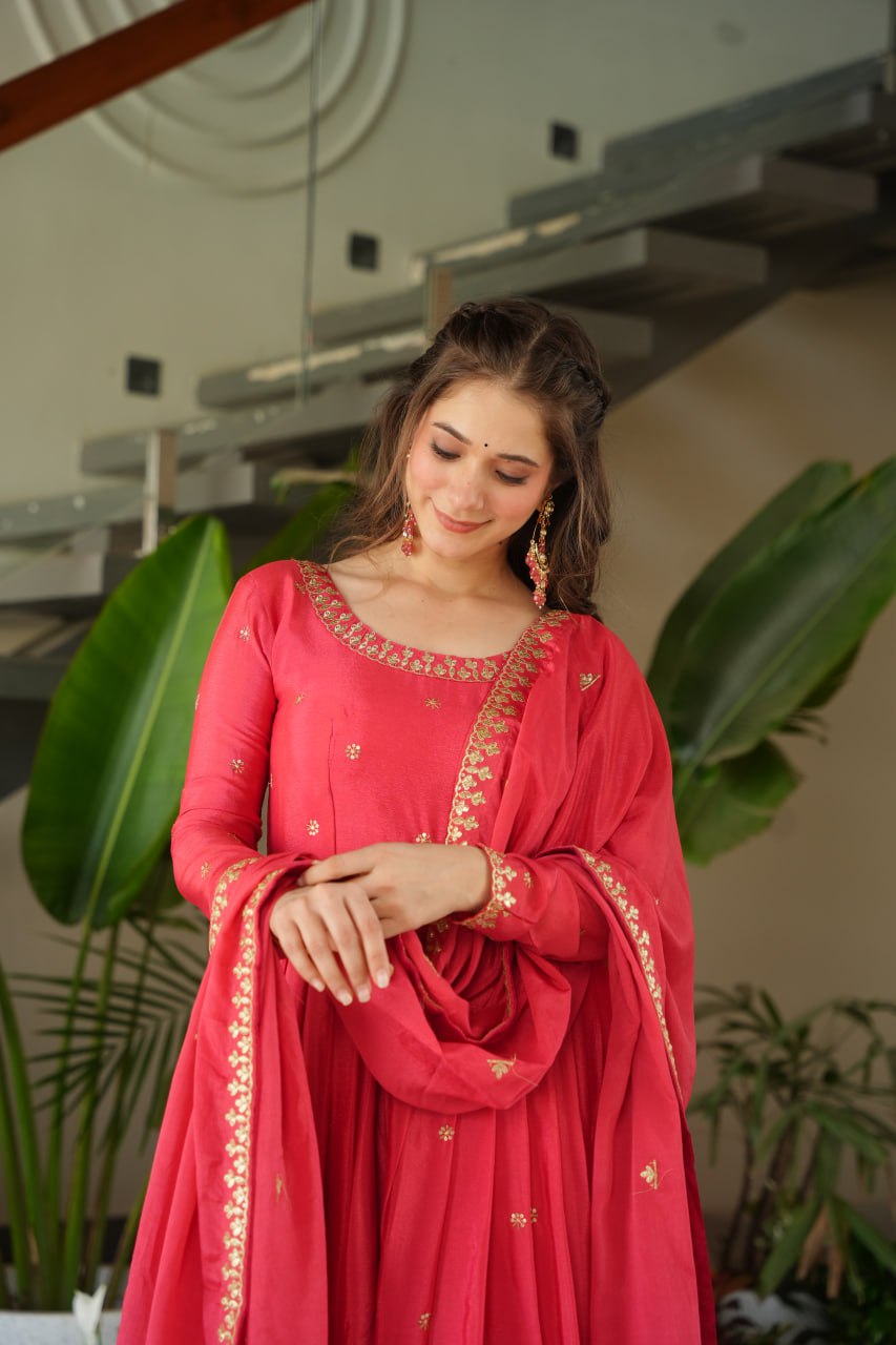 Harvisha rani pink chinon silk embroidered gown