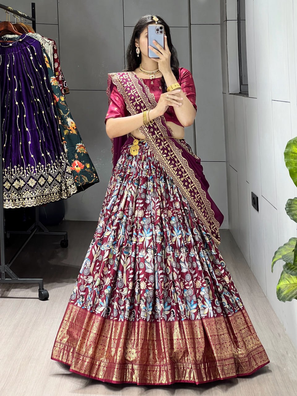 Maroon Kalamkari soft dola silk half saree lehenga with embroidered dupatta